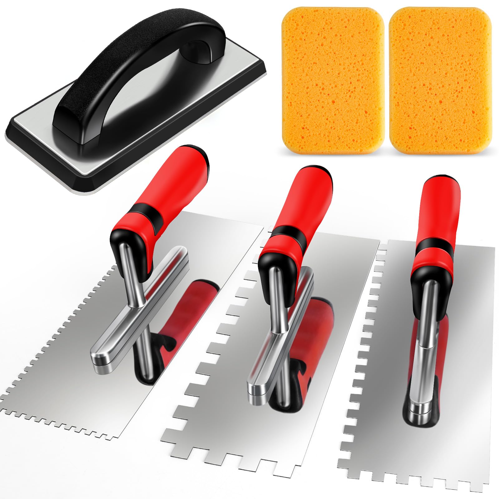 Justincity  6 Piece Tile Tools Set Includes Notched Trowels Rubber Grout Float and Grout Sponges for Tile Installation and Grouting