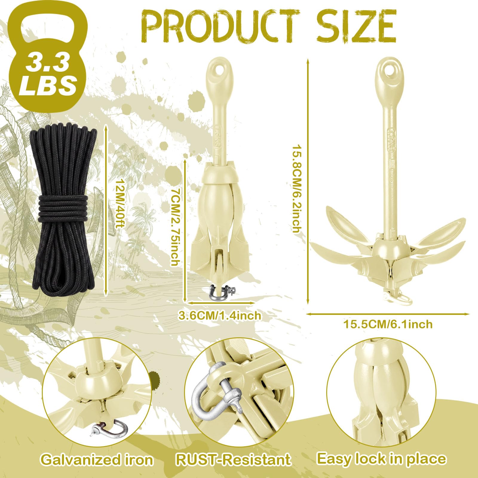 Vrbgify 3.5 lb Folding Grapnel Marine Kayak Anchor Kit with 40 ft Rope ...