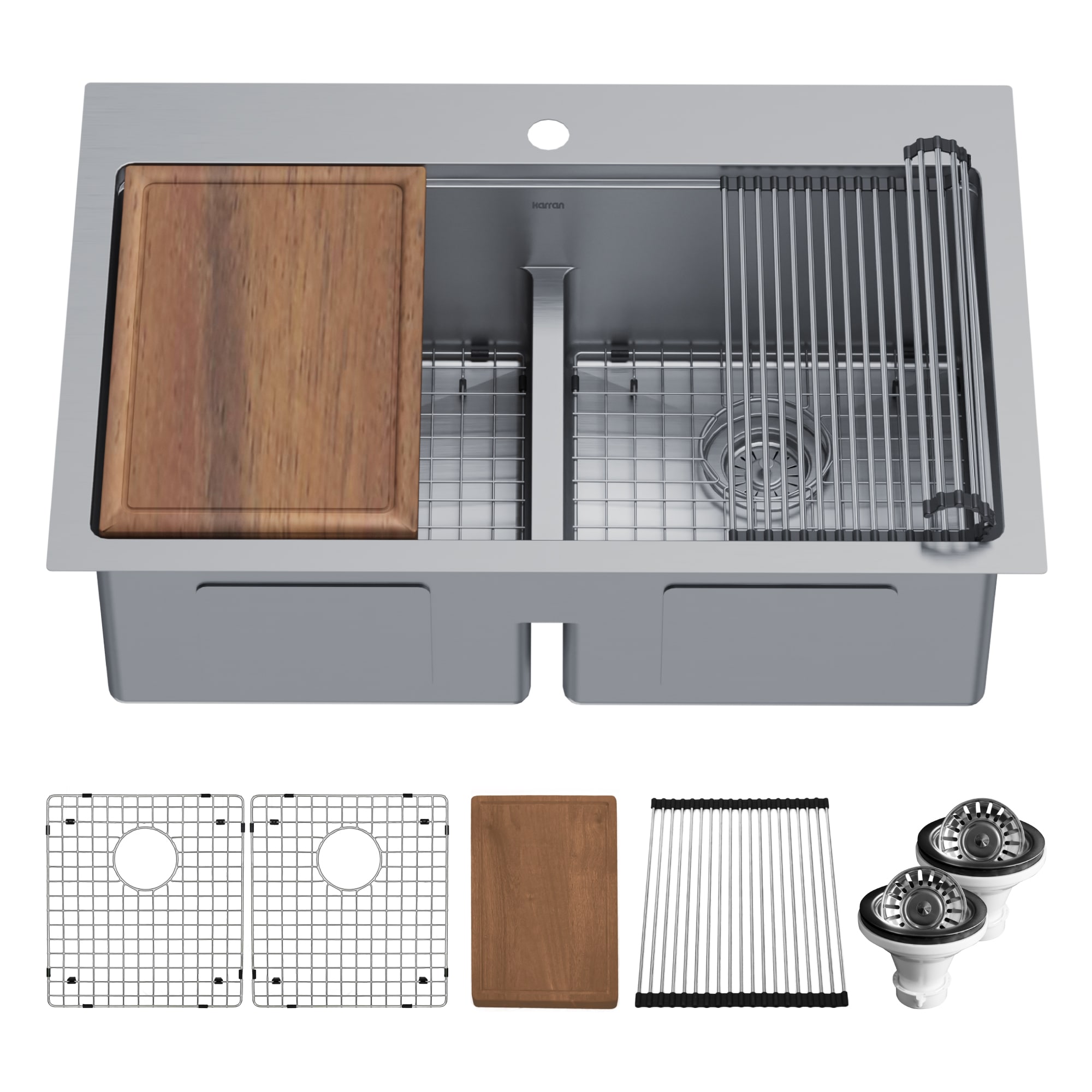 Karran WST-28-PK1 Drop-in or undermount 33-in x 22-in Stainless steel Double equal bowl 16 -Gauge Workstation Kitchen Sink