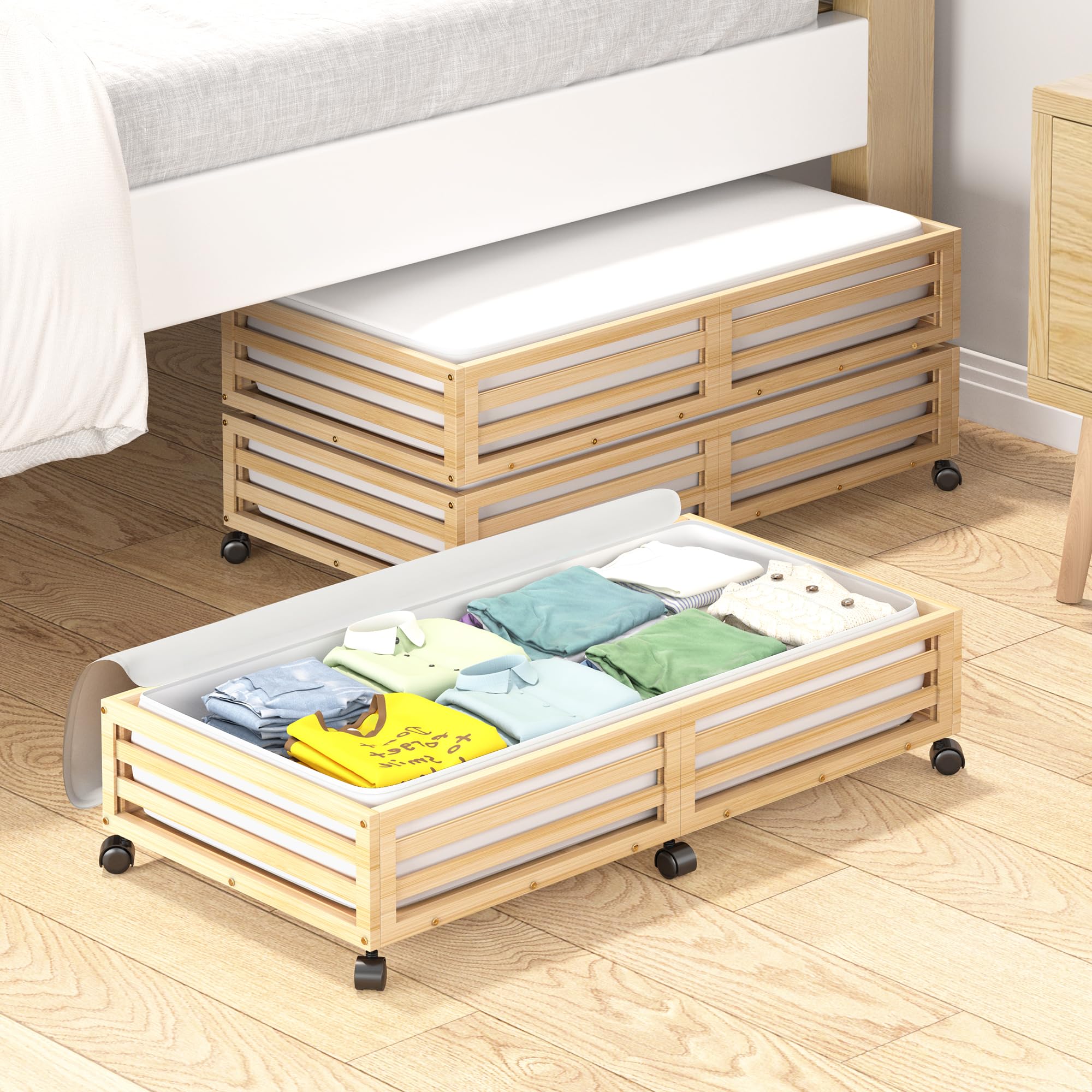 Lukvuzo  Bamboo Under Bed Storage Container with Wheels Large Capacity Dust Bag 2 Pack 33.07 by 16.54 Inches durable home