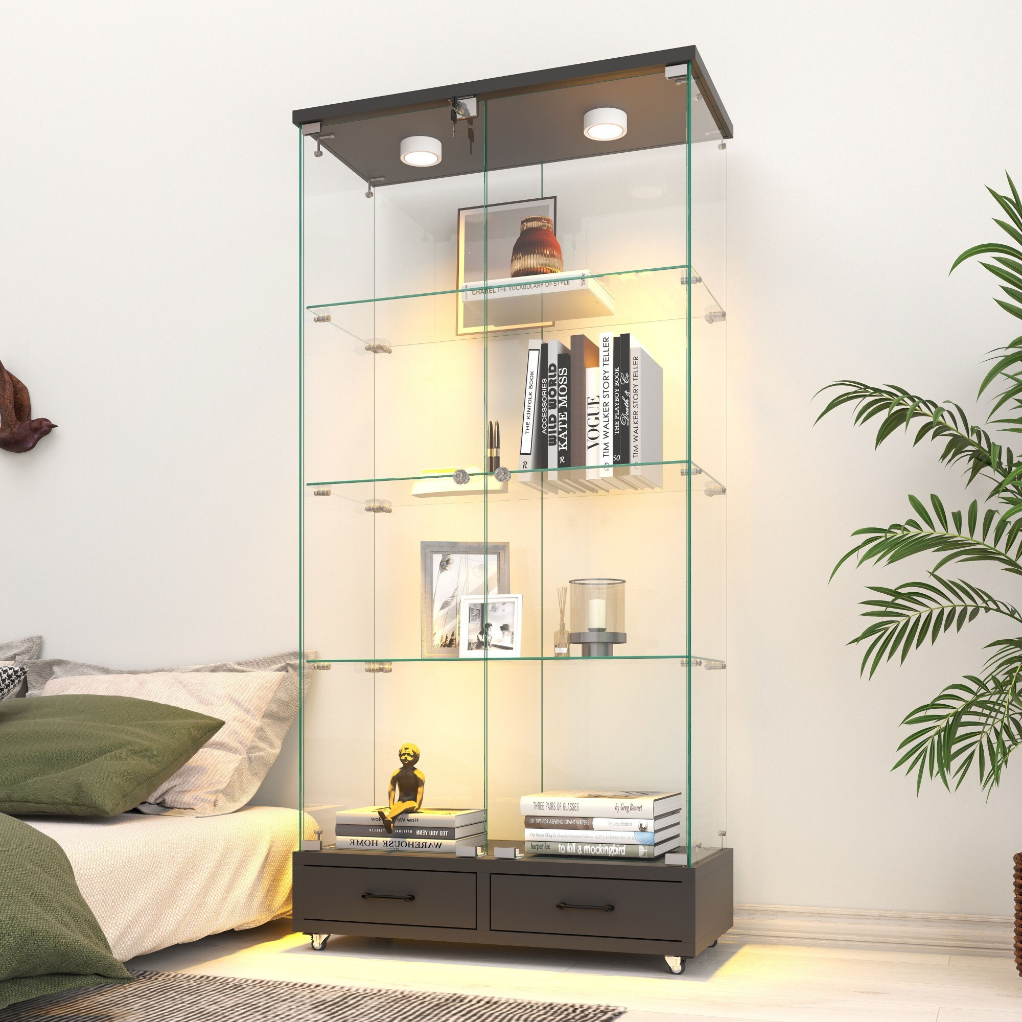 LOVMOR SF-R-W241S00061 Modern Glass Display Cabinet with 2 Large Drawers  Quick-assembly Antique Cabinet with LED lights Tempered Glass Bookshelf 2-Door Storage Case with 4 Shelves  for Living Room and Bedroom black