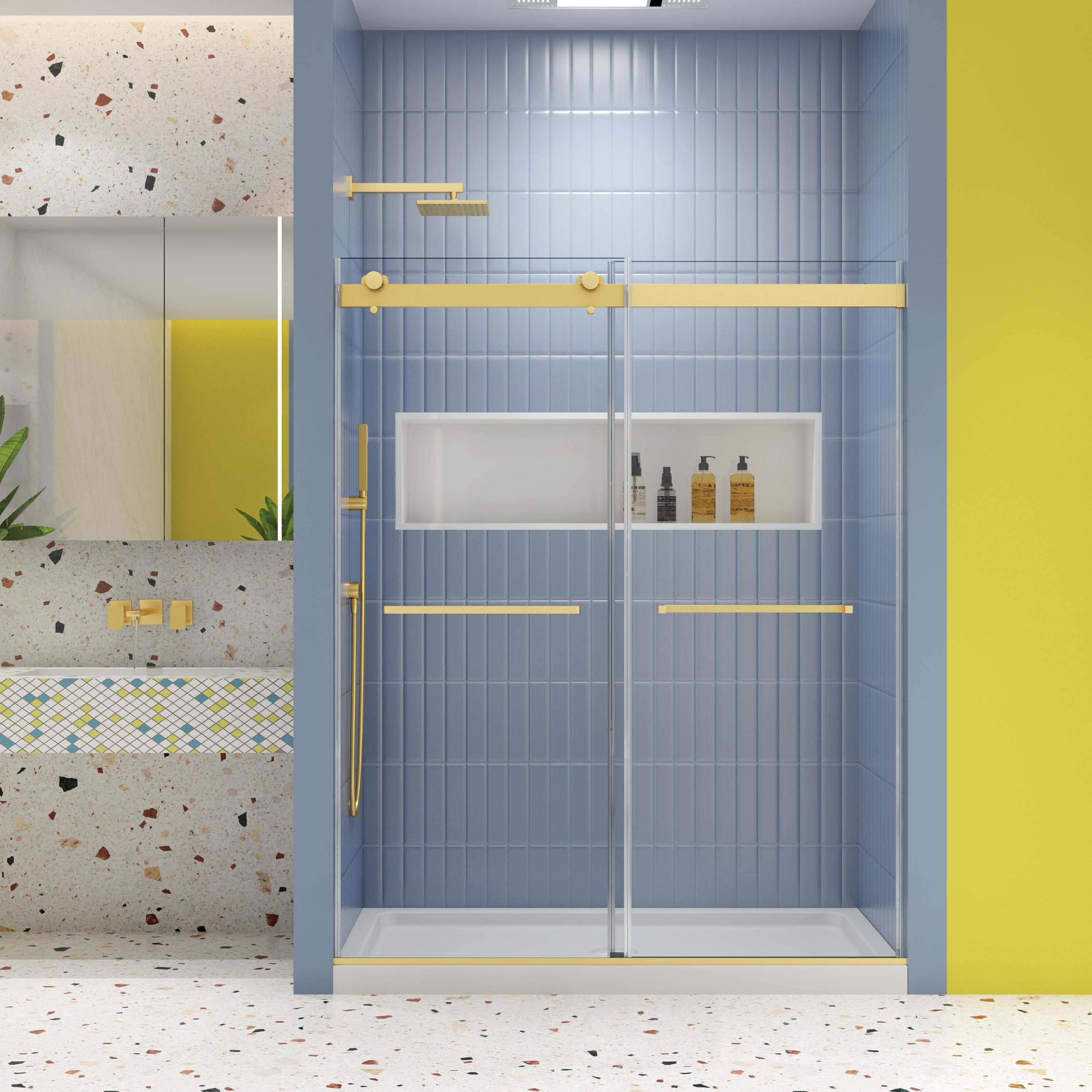 LOVMOR SF-WO-2122P225213 Bypass shower door sliding door soft close system with 5 16 tempered glass and Brushed Gold finish 4874