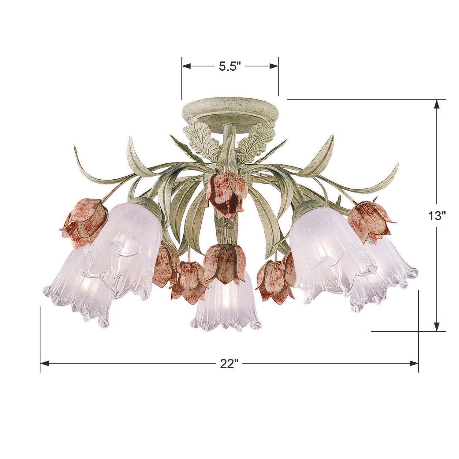 Sage Rose Floral 5-Light Semi Flush Mount with Glass Shades
