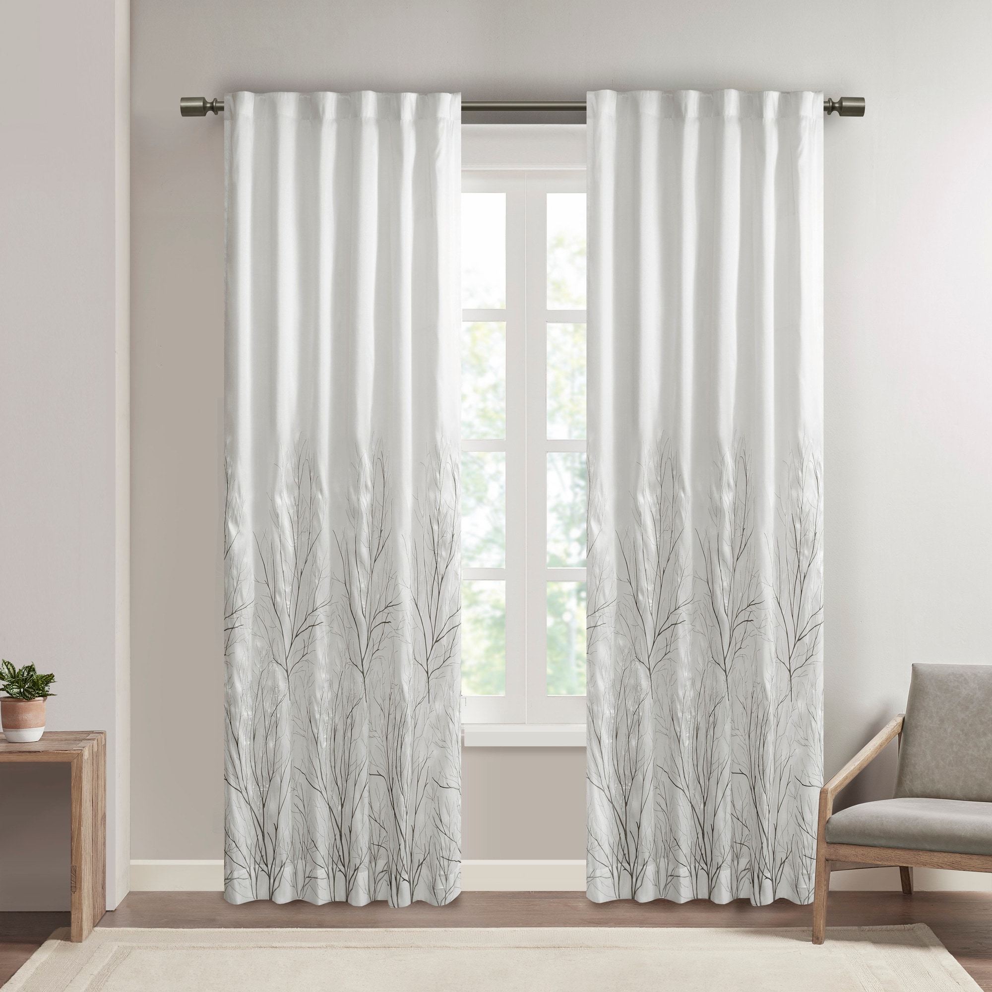 White Faux Silk Embroidered Puddle Length Curtain Panel