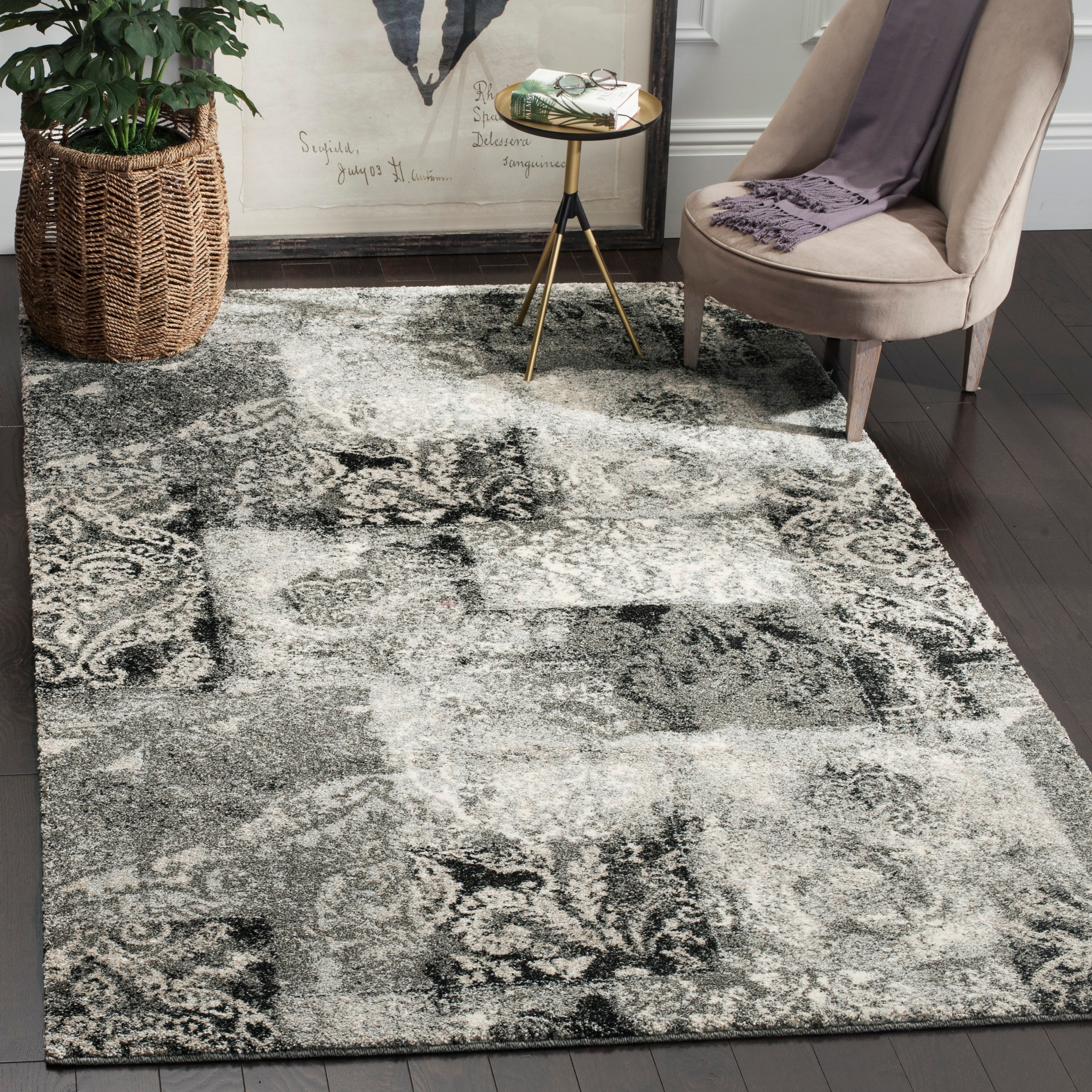 Retro Cream and Gray Abstract Shag Area Rug