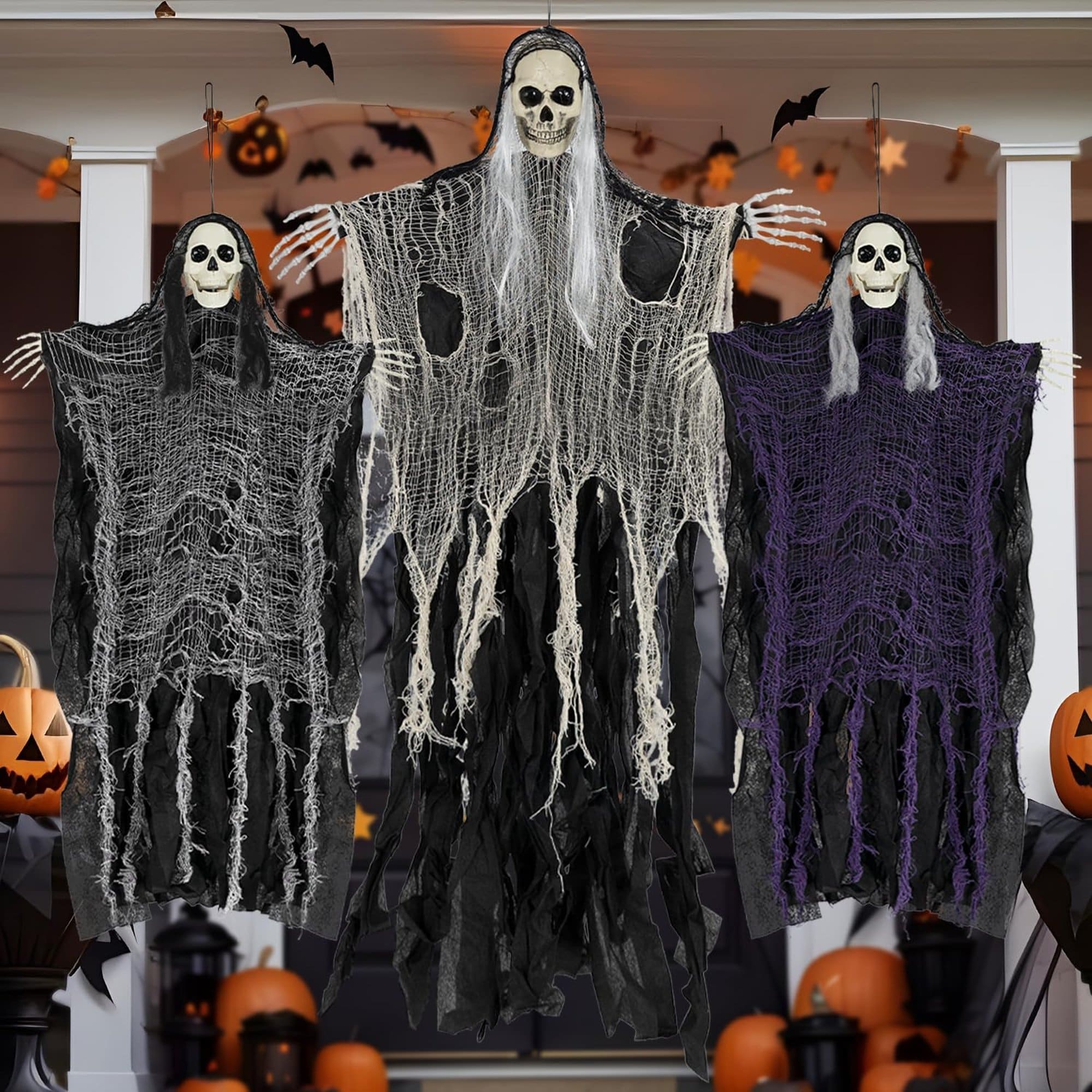 Wudkey Set of 3 Poseable Skeleton Head Hanging Ghosts Halloween Outdoor Indoor Haunted House Decor