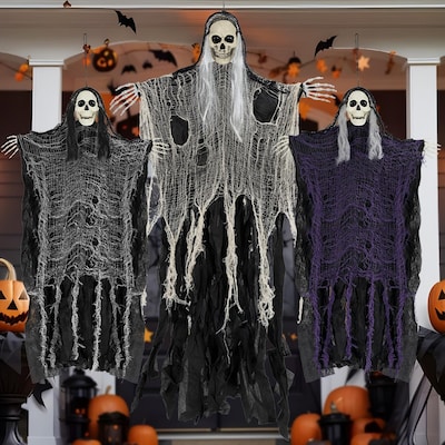Wudkey Set of 3 Poseable Skeleton Head Hanging Ghosts Halloween Outdoor Indoor Haunted House Decor
