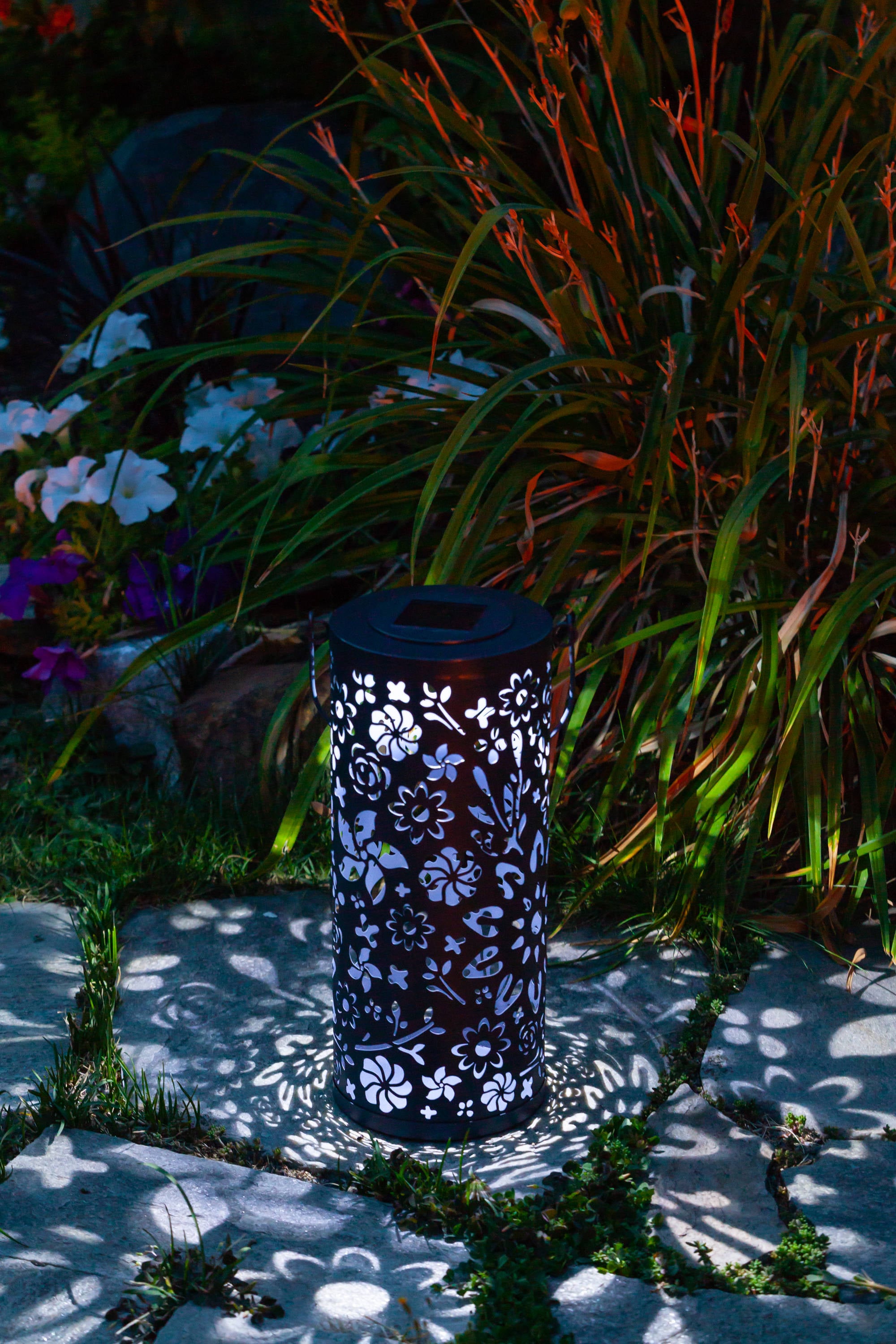 Midnight Blue Floral Punched Metal Solar Lantern