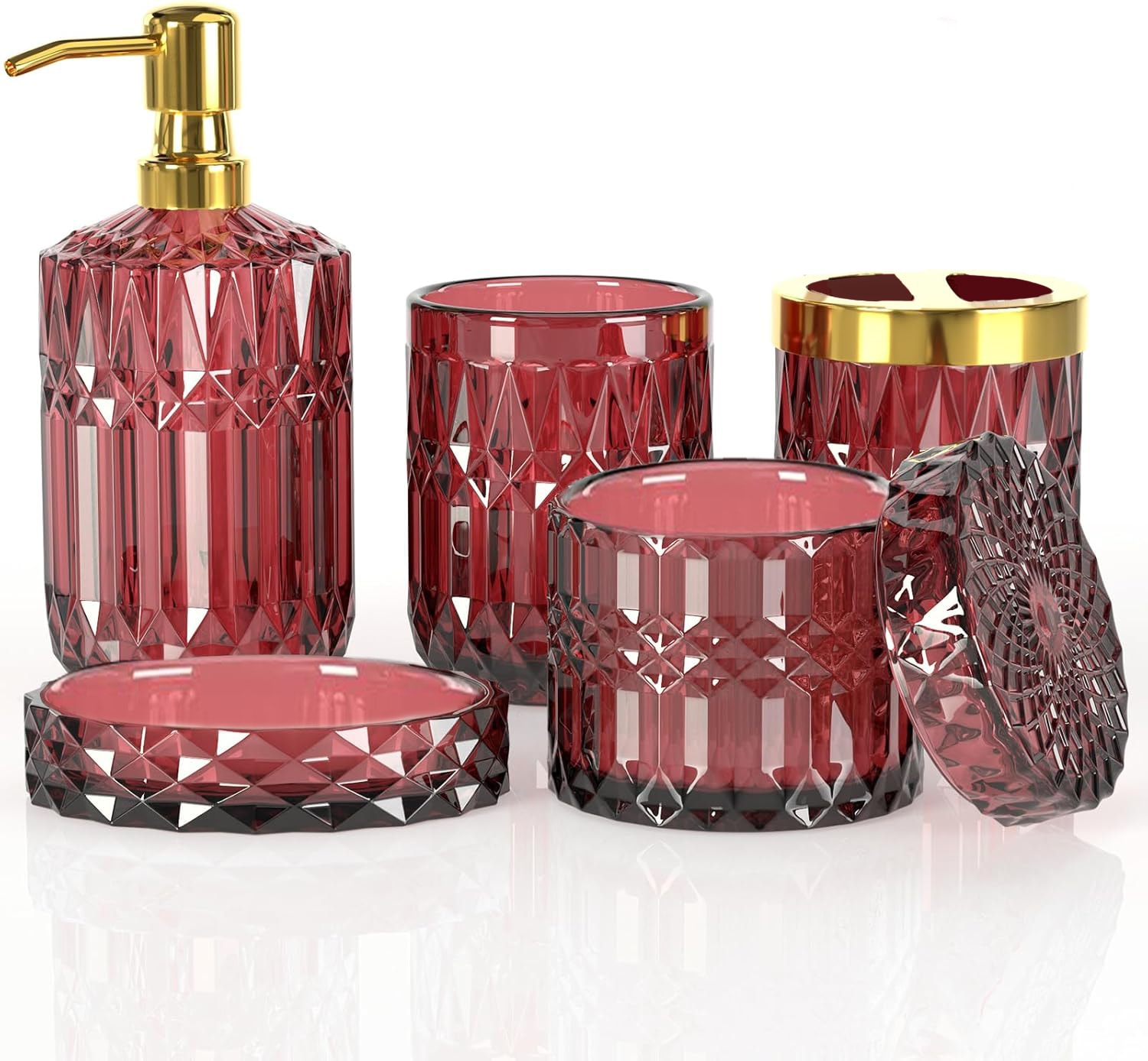 Etokfoks  Red Glass Bathroom Accessories Set Wine Color Collection with Soap Dispenser Toothbrush Holder Tumbler and Cotton Jars
