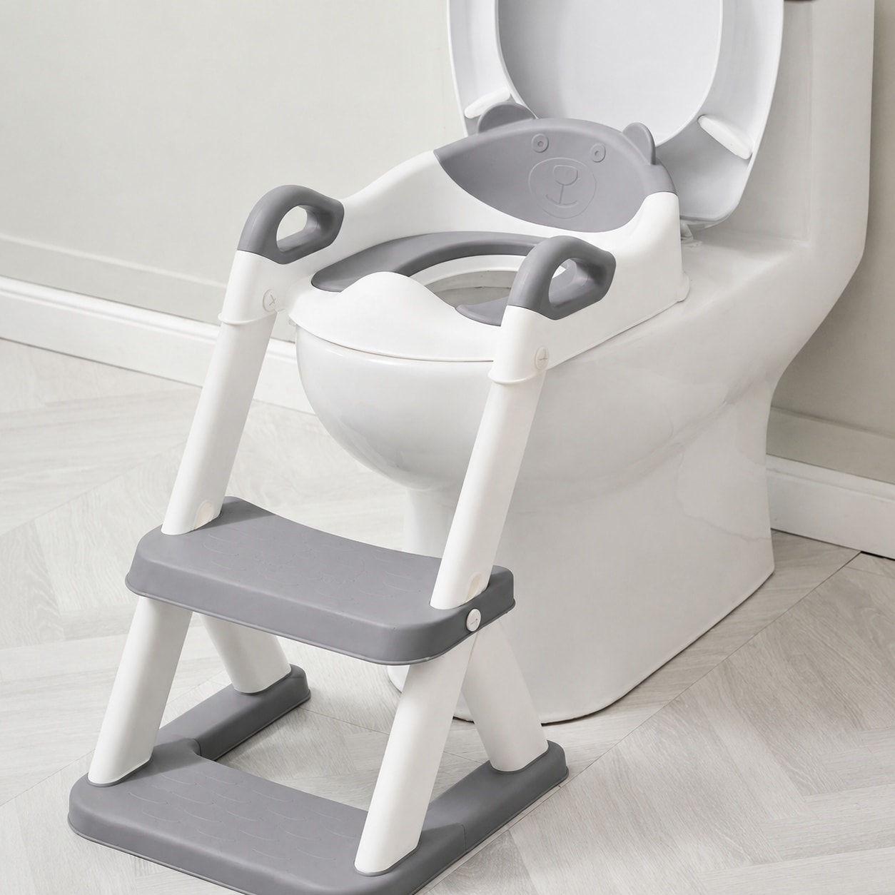 SenQWFa  Toddler Potty Training Seat with Step Stool Ladder Toilet Seat for Kids with Handles Soft Cushion and Splash Guard White and Grey