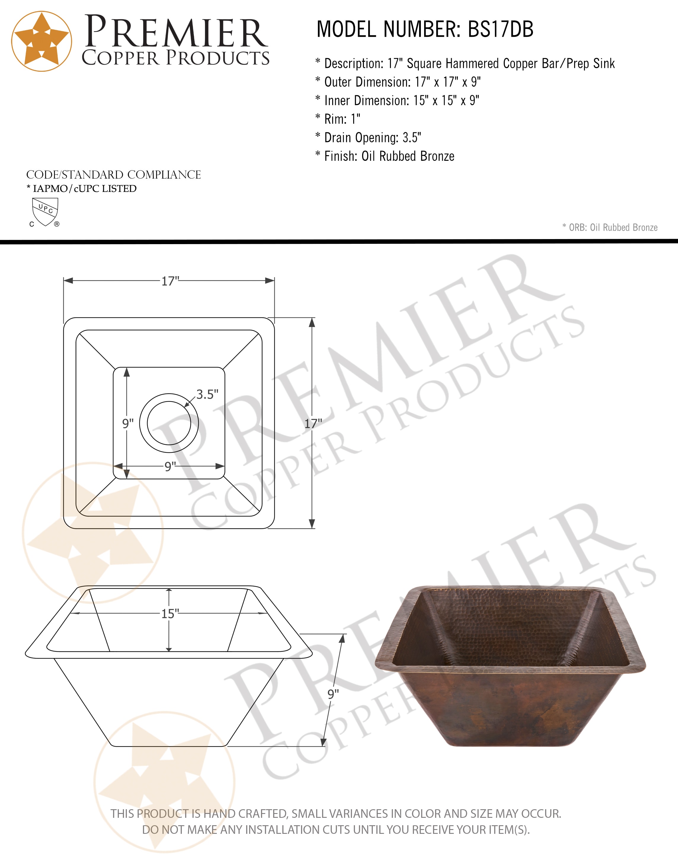 PREMIER COPPER PRODUCTS BS17DB Bar-Prep-Sinks - View #6