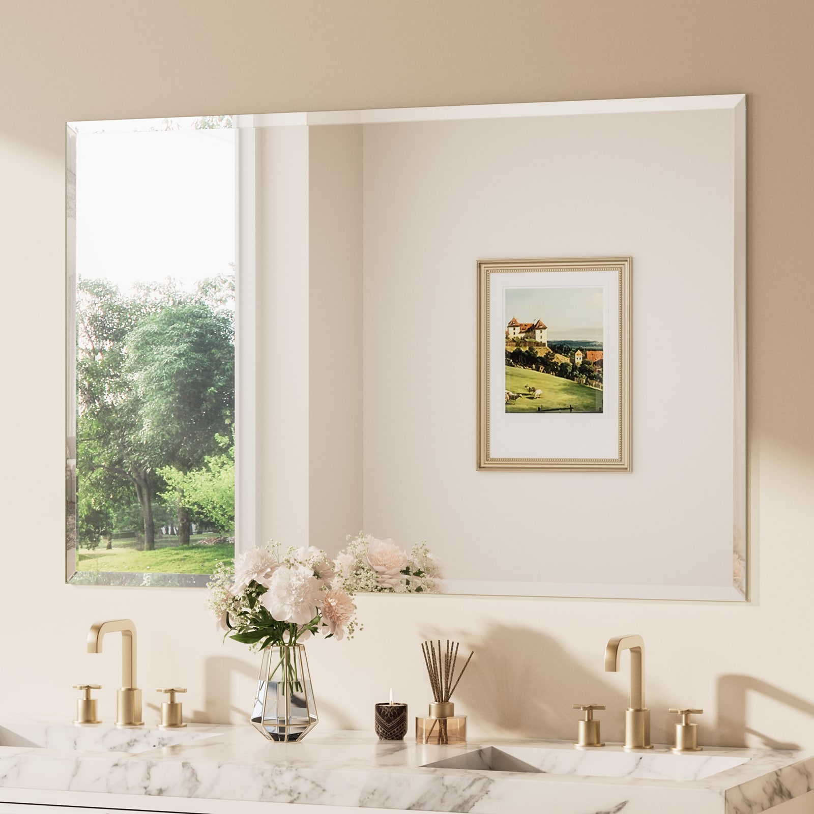 Keonjinn LW-WKJ-FJ-13991 Beveled Frameless Bathroom Mirrors 55-in W x 36-in H Rectangle Silver Beveled Frameless Wall Mirror