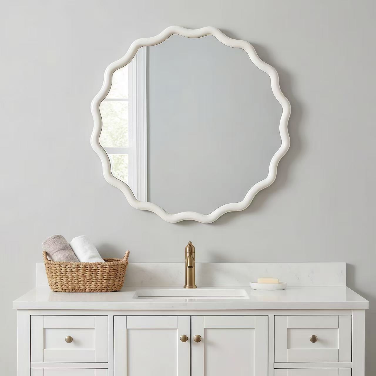 KTMBDW Wooden Framed Wall Mirror - 24 Inch Round Bathroom Vanity Mirror for Decor Vanity Entryway or Living Room- White