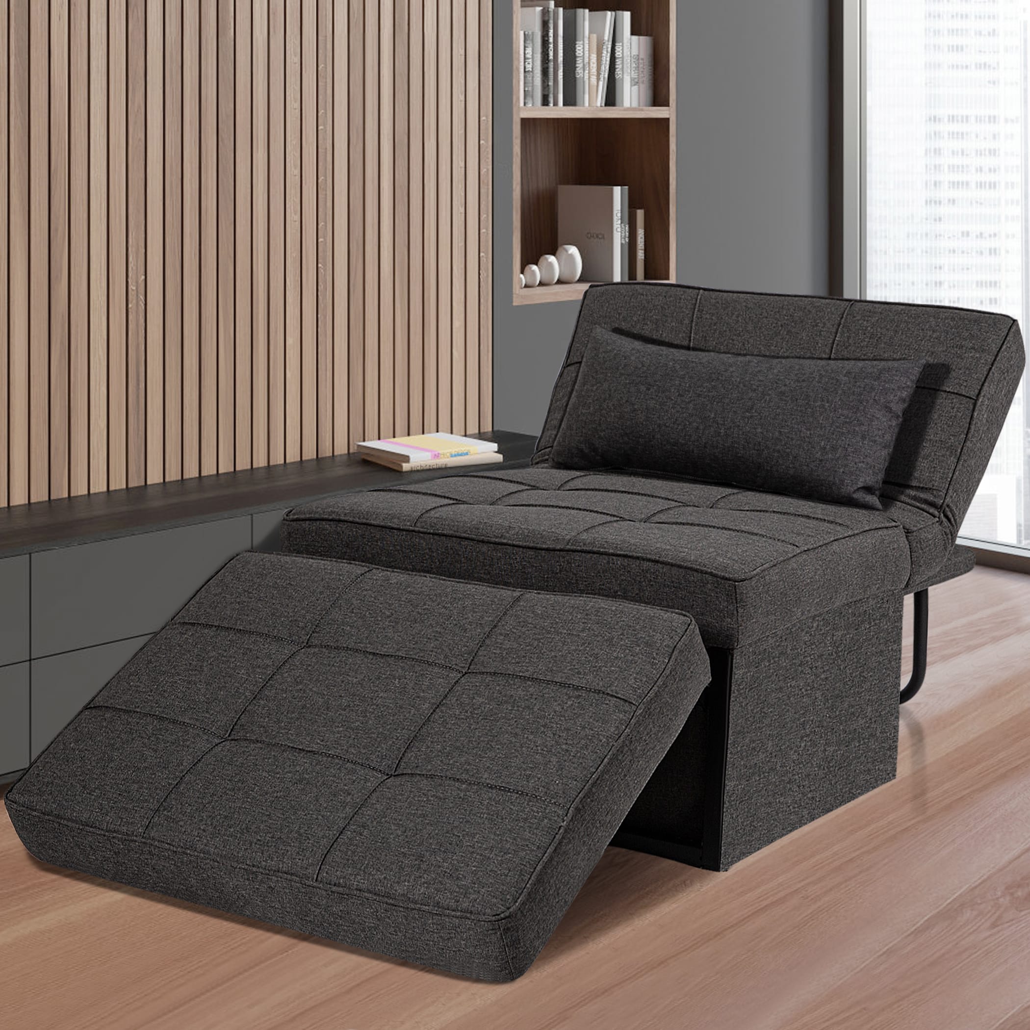 Unity UFPT01 Multi-Function Folding Ottoman Bed Gray Steel Frame Stationary Chaise Lounge Chair with Gray Solid Seat