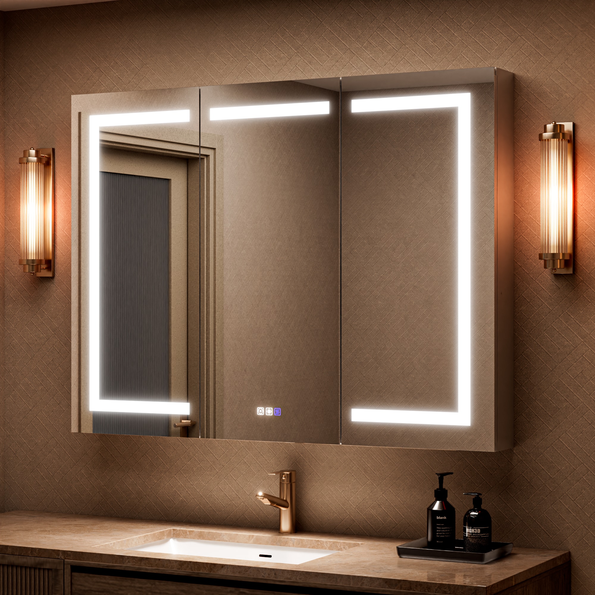 ExBrite 48-in W x 36-in H Lighted LED Fog Free Surface/Recessed Mount Silver Mirrored Rectangle Soft Close Medicine Cabinet with Outlet