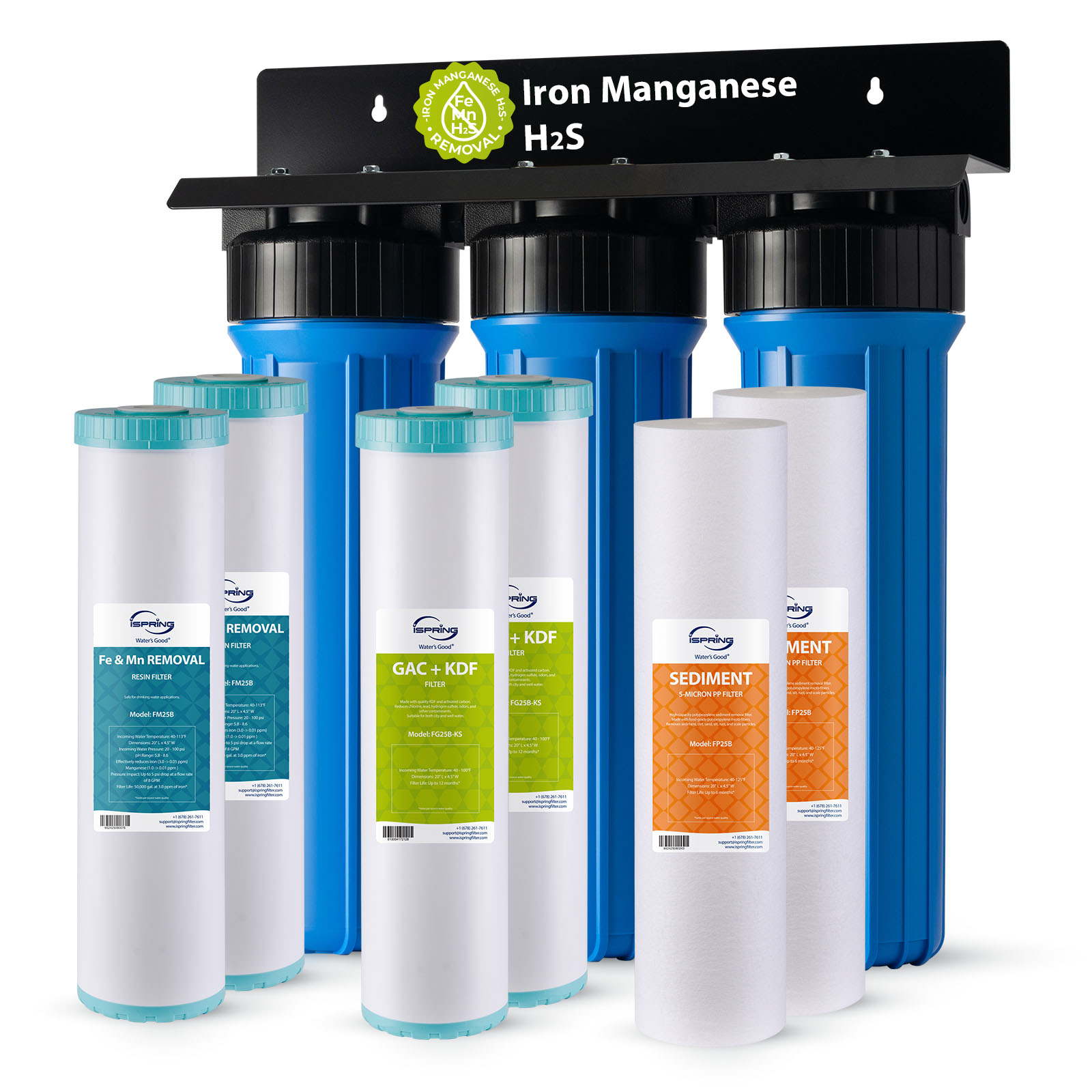 iSpring WGB32B-MKS 3-Stage Whole House Water Filtration System, Removes Iron, Manganese, Hydrogen Sulfide, Chlorine, and Sediment, 15 GPM Flow, w/ F3WGB32BMKS Replacement Filter Pack Whole House Water Filtration System Triple-Stage 15-GPM 5 Micron