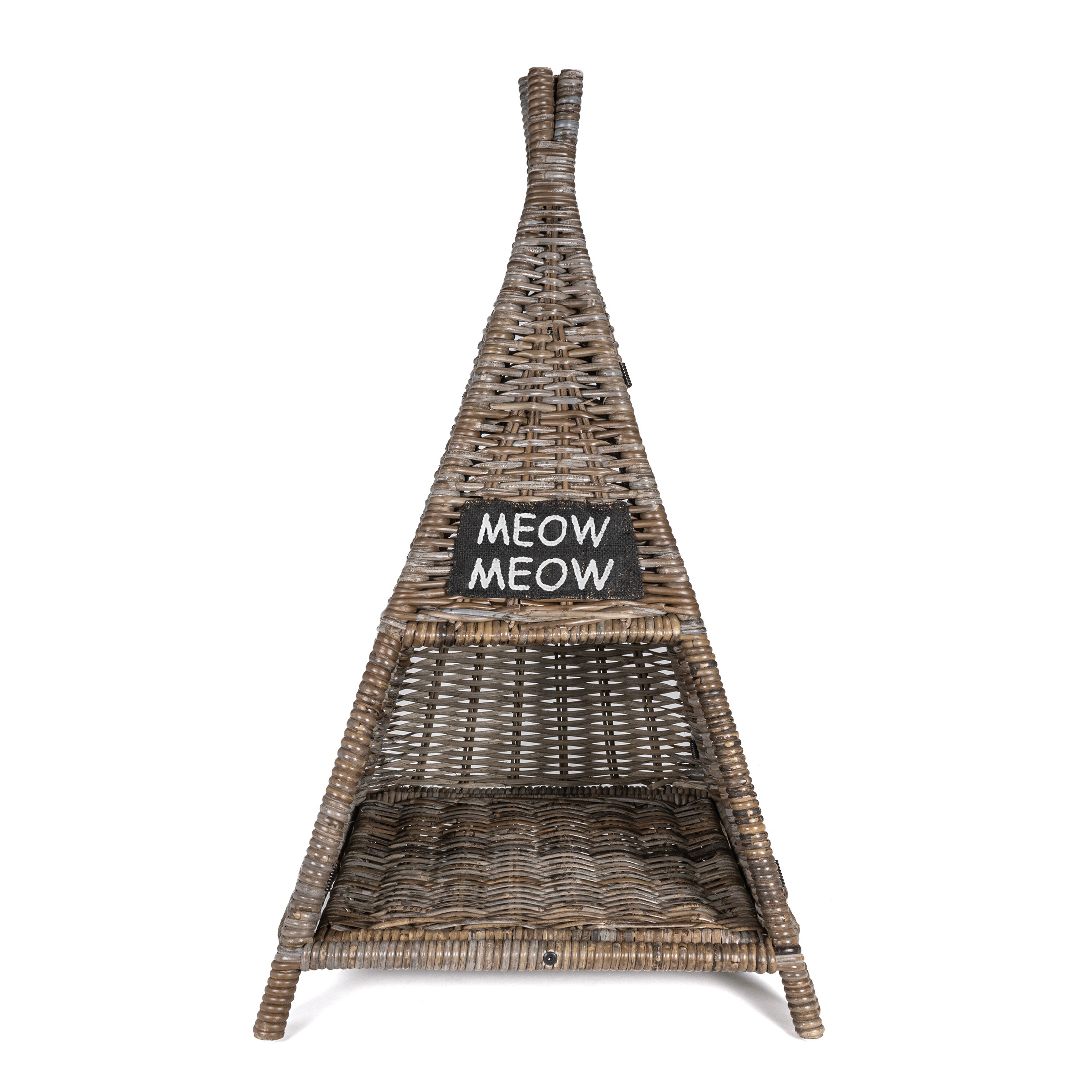Small Kubu Gray Handwoven Rattan Triangle Cat Bed with Cushion