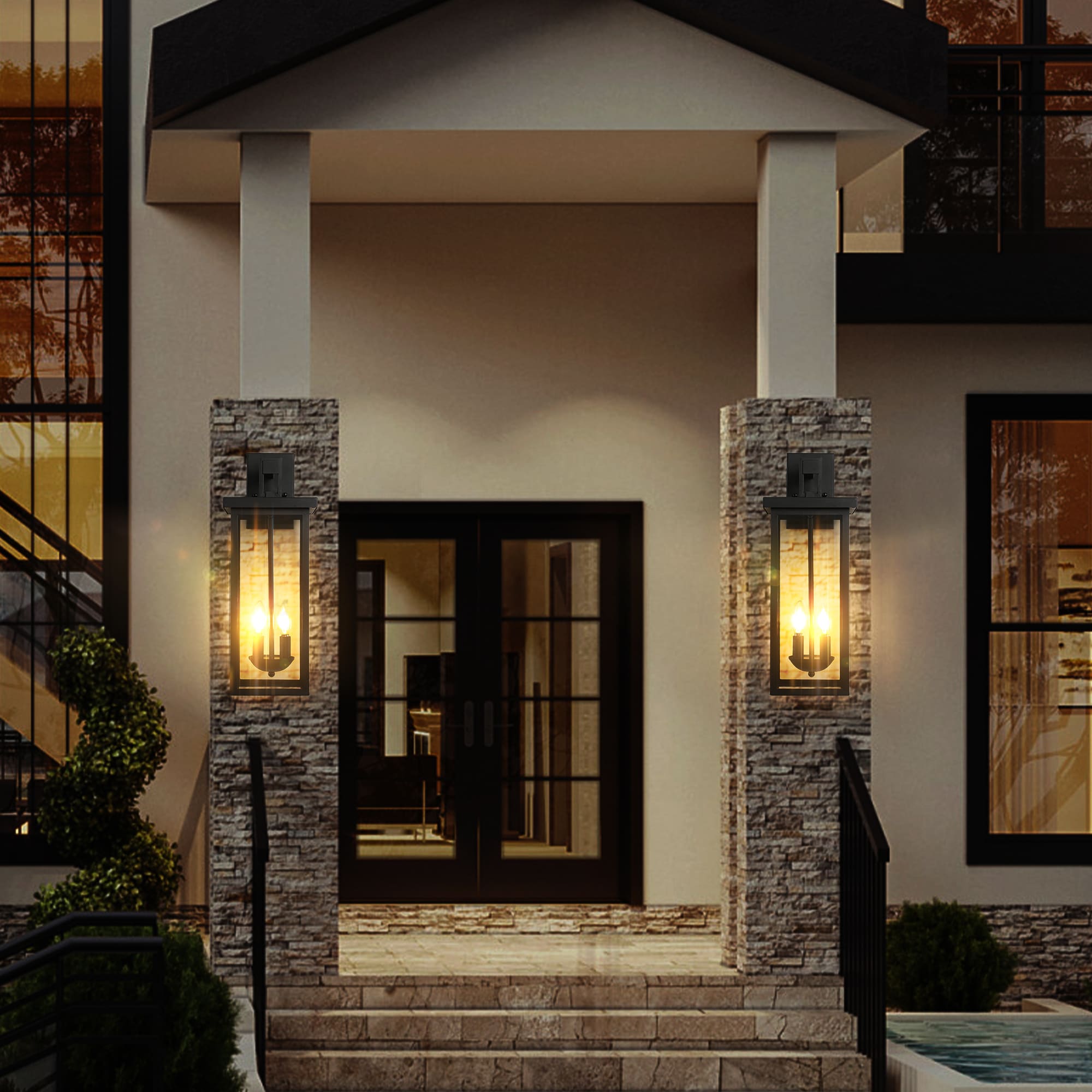 GDFStudio 22 Inch Outdoor Wall Lantern with Dusk to Dawn Sensor Clear Glass Panels Weatherproof Exterior Light for Porch Patio Garage 2 Light Design Bulb Not Included 2 Pack - Matte Black Finish