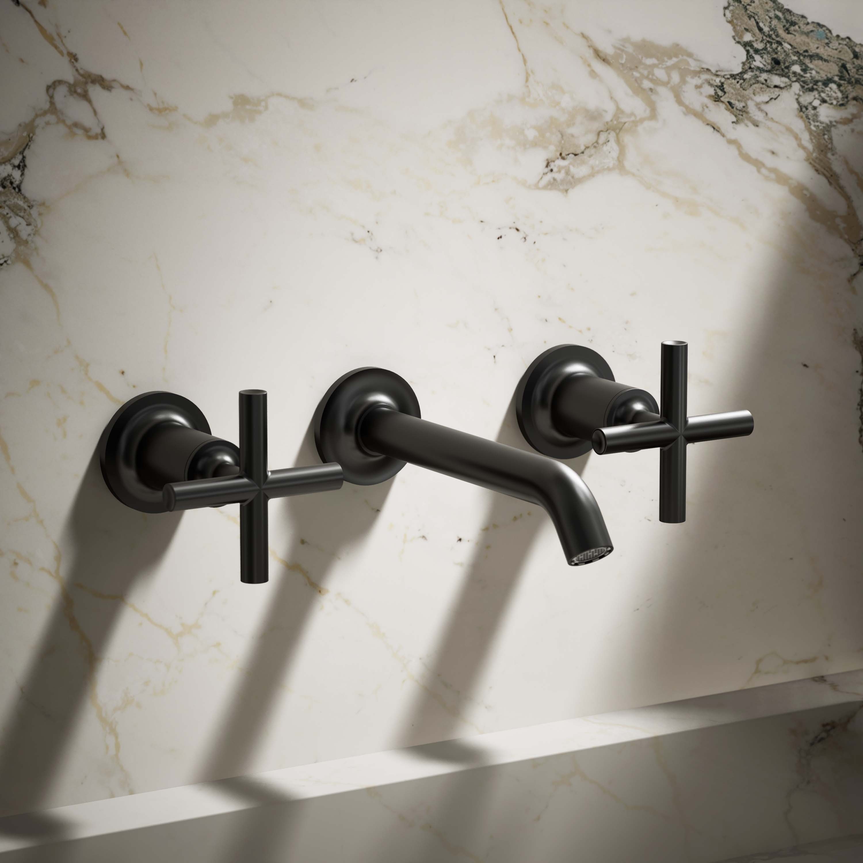 KOHLER K-T14413-3-BL Purist Matte Black Wall-mount 2-handle WaterSense Low-arc Residential Handle Bathroom Sink Faucet
