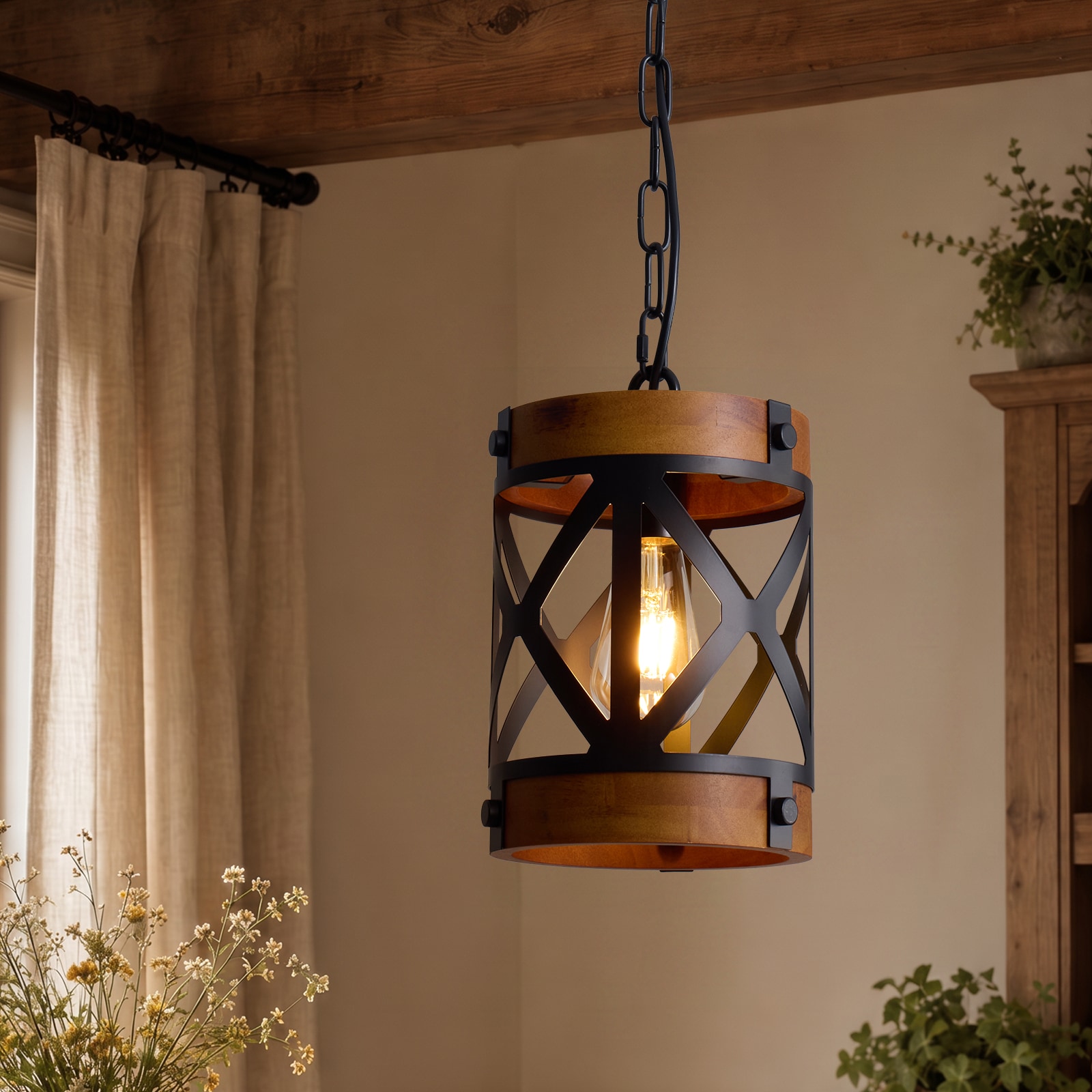 LuminFan 7-In Farmhouse Cage Pendant Light Black Metal with Wood Grain Finish E26 Medium Base Adjustable Chain Hanging Light Rustic Industrial Ceiling Fixture for Kitchen Island Dining Room Entryway