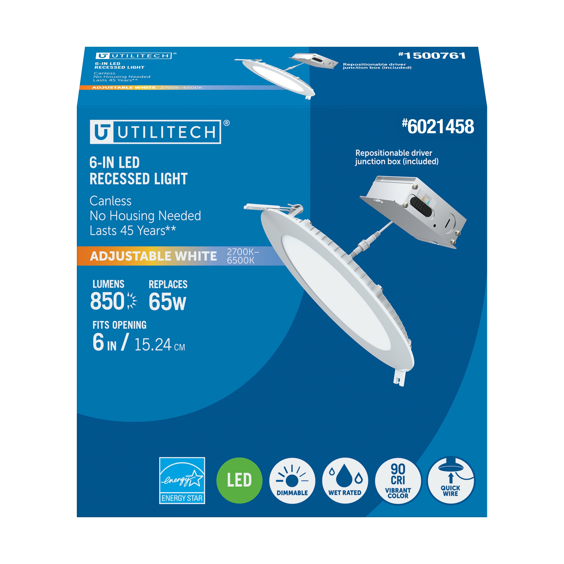 Utilitech LLEDR6XT/5CCTCA White 6-in 850 -Lumens Switchable white Round Dimmable LED Canless Wet rated Recessed Downlight