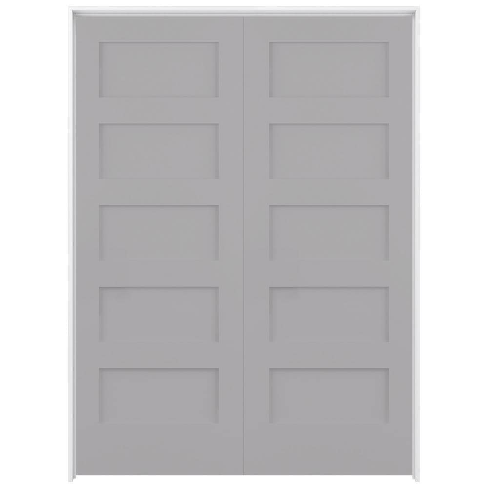 RELIABILT LO1369850 64-in x 80-in Driftwood Solid core 5-panel equal Reversible/Universal Smooth Prefinished Pine Wood Flat Jamb Double Prehung Interior Door