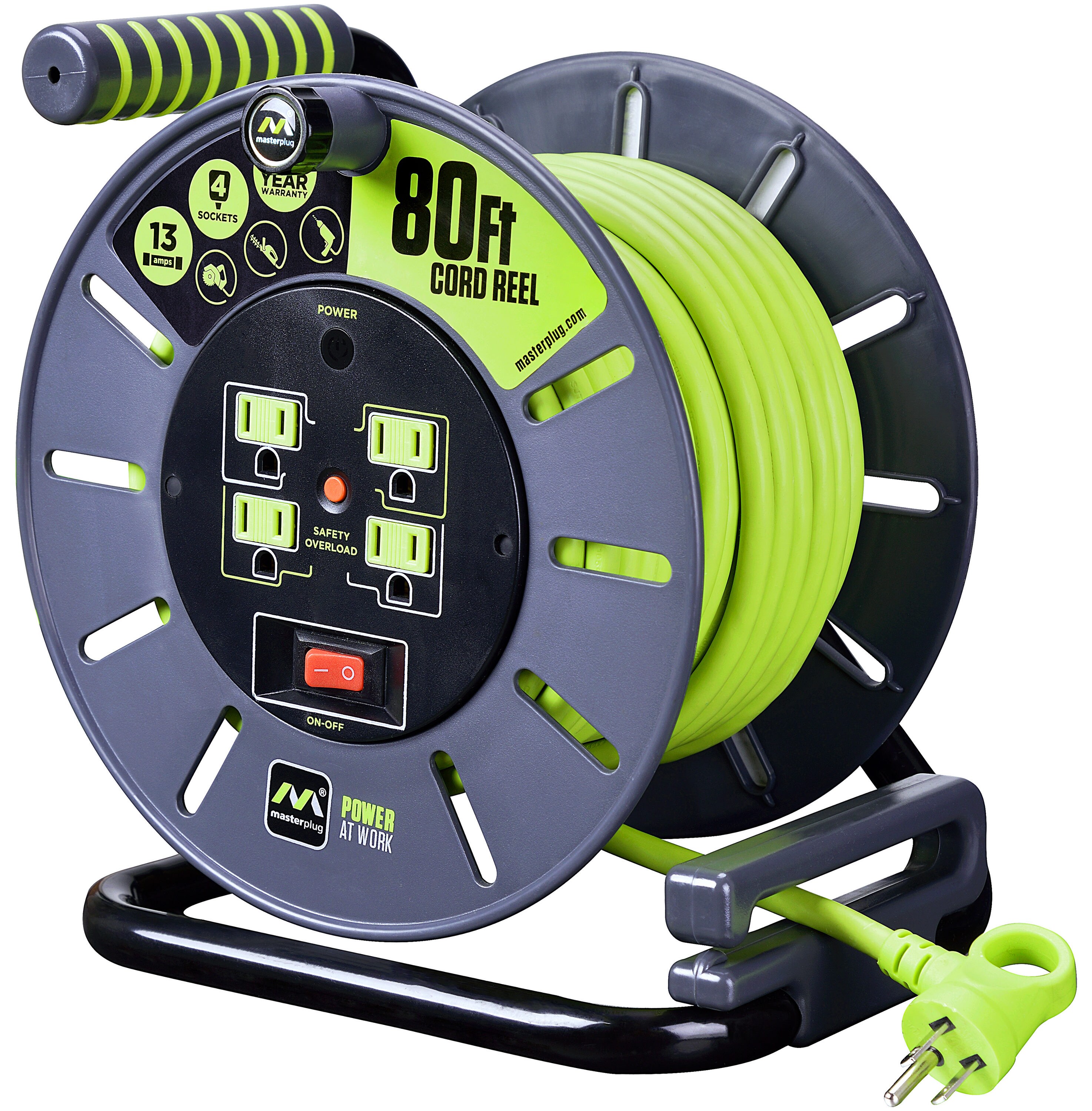 Masterplug 80Ft 4 Sockets 13A 14Awg Large Open Cable Reel at