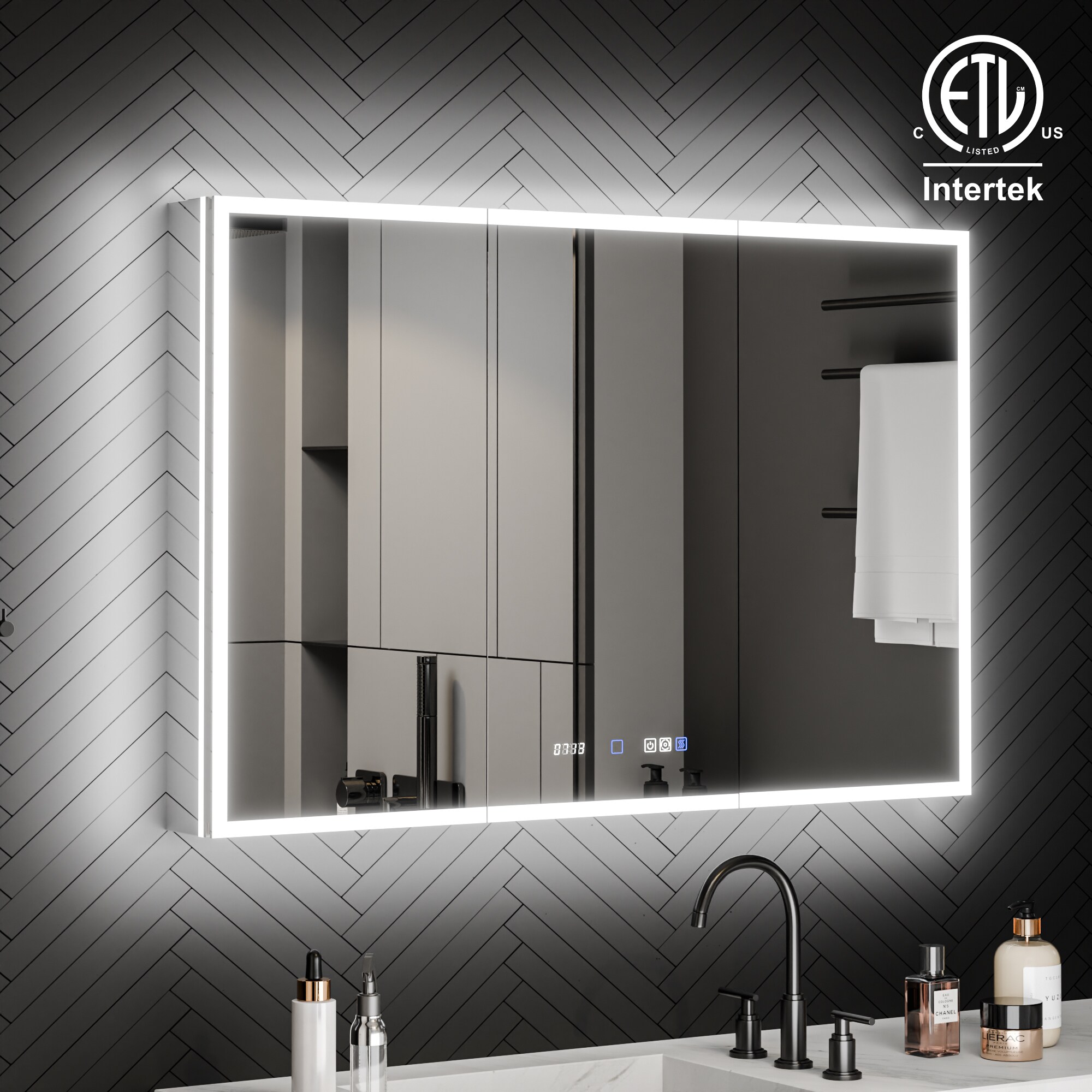 ExBrite W7MC5536 Astra 48-in x 32-in Lighted LED Fog Free Surface/Recessed Mount Stellar Silver Mirrored Rectangle Soft Close Medicine Cabinet with Outlet