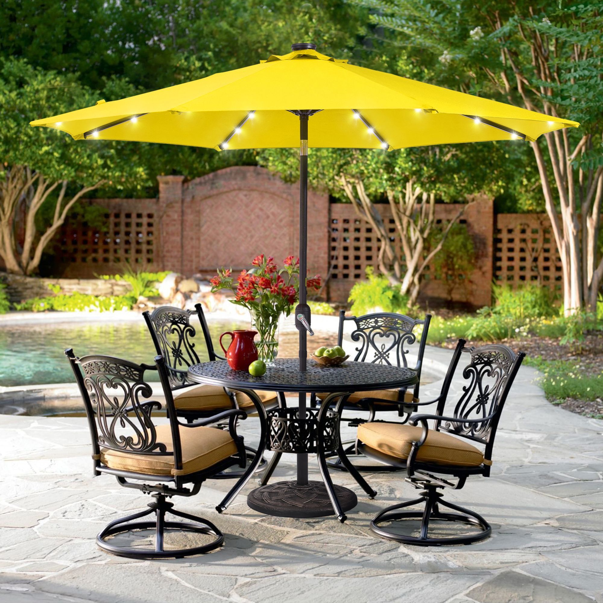 Sonkuki SD-027Y-LED 9-Feet Steel Yellow Push-button Tilt Market Patio Umbrella with Lights and