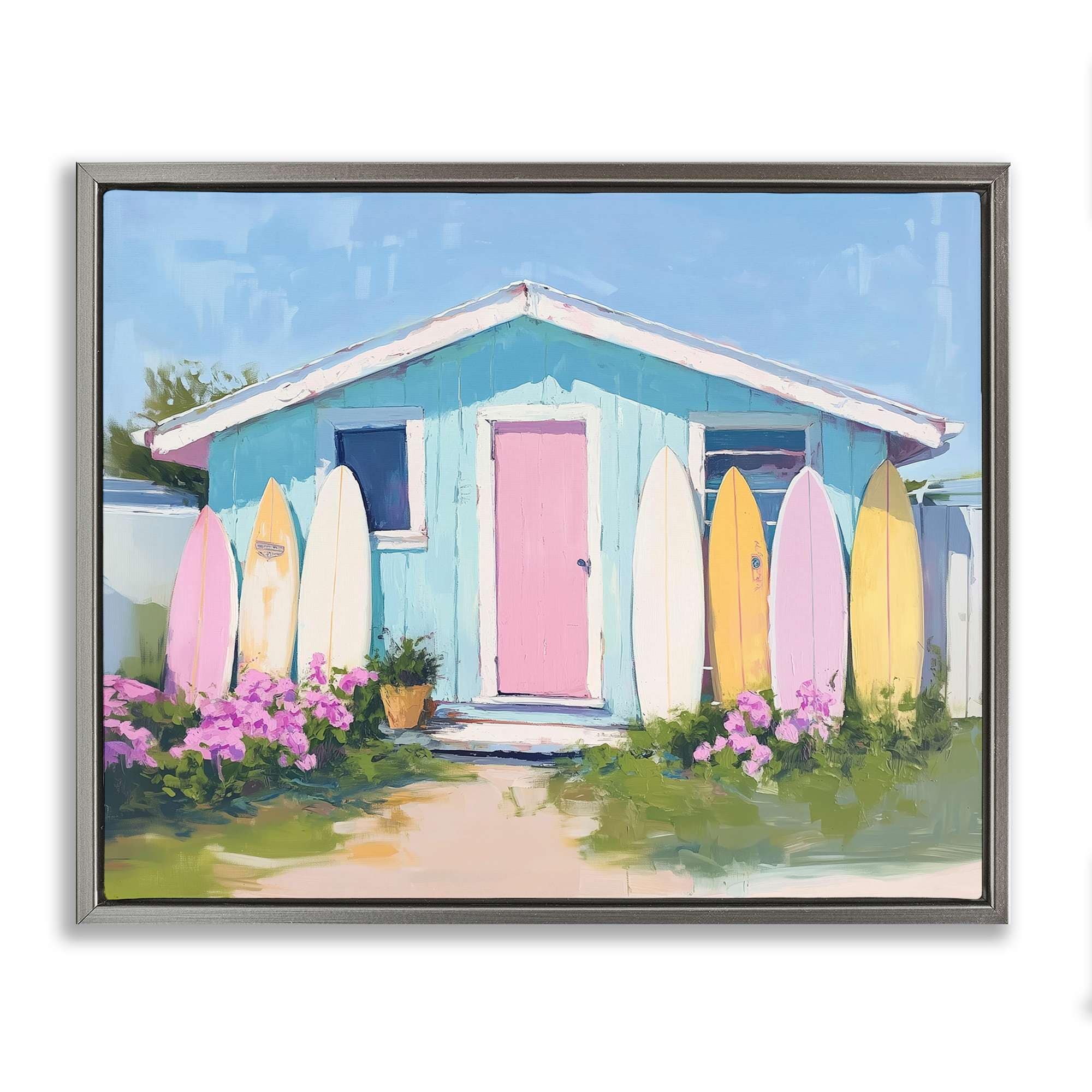 Stupell Industries BT-696-FFL-16X20 Cabin with Pastel Surfboards Gray Framed Floater Canvas Wall Art By Arlington Prints 21 x 17