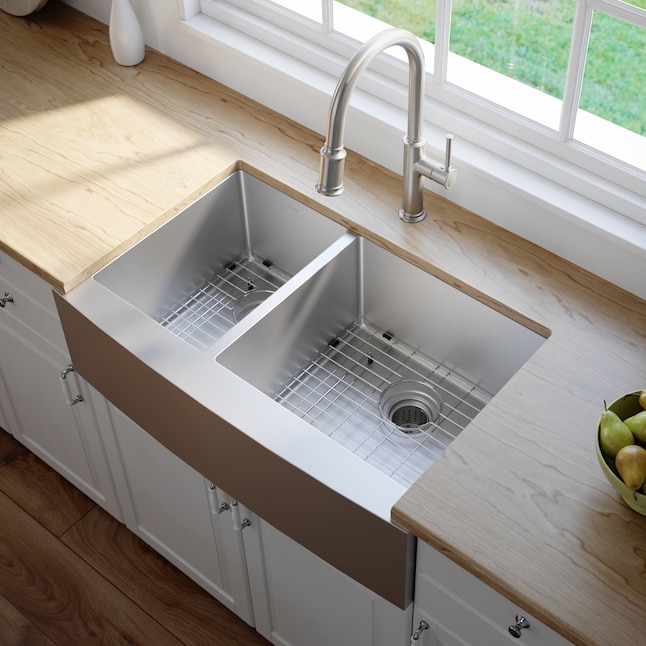 Kraus Standart PRO x 21-in Stainless Steel Double Offset Bowl Tall (8-in or Larger) Undermount Apron Front/Farmhouse Residential Kitchen Sink Kraus Standart PRO x 21-in Stainless Steel Double Offset Bowl Tall (8-in or Larger) Undermount Apron Front/Farmhouse Residential Kitchen Sink