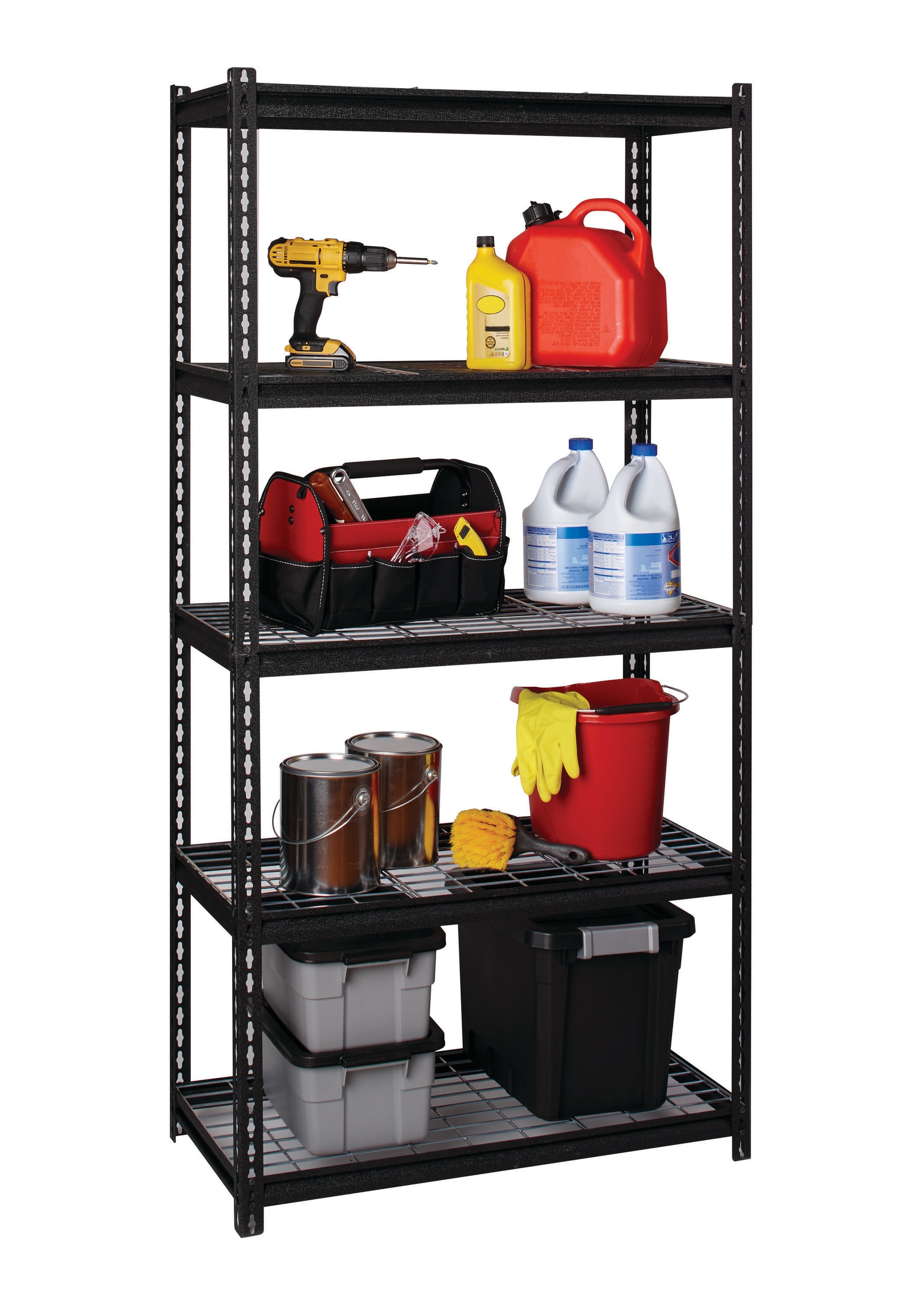 Riveted Steel 5-Shelf Adjustable Wire Deck Shelving, 72"H x 36"W x 18"D, Black