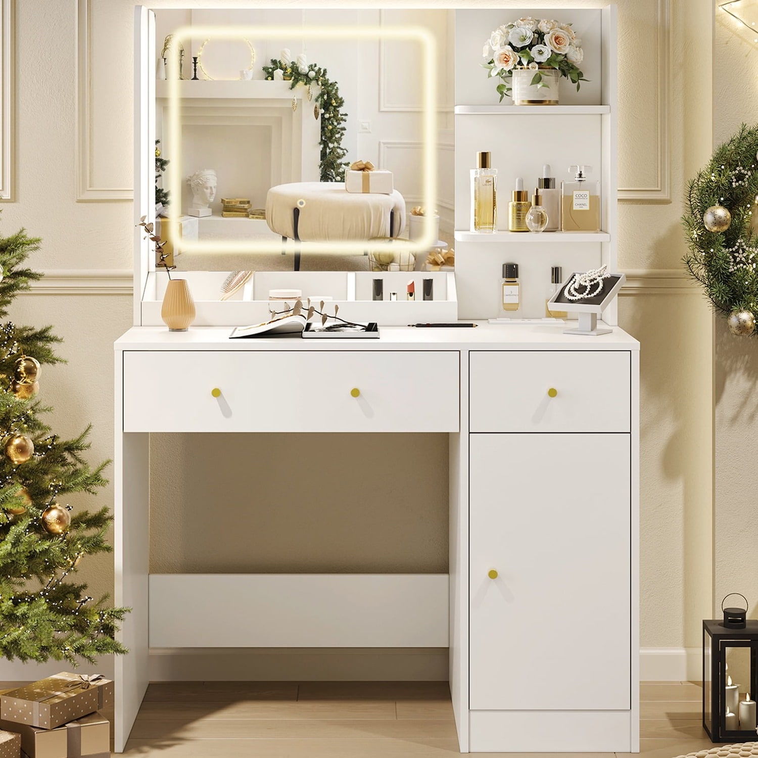 SUGIFT Vanity Desk with LED Lighted Mirror Power Outlet Drawer and 3 Storage Compartments Modern Dressing Table for Bedroom White