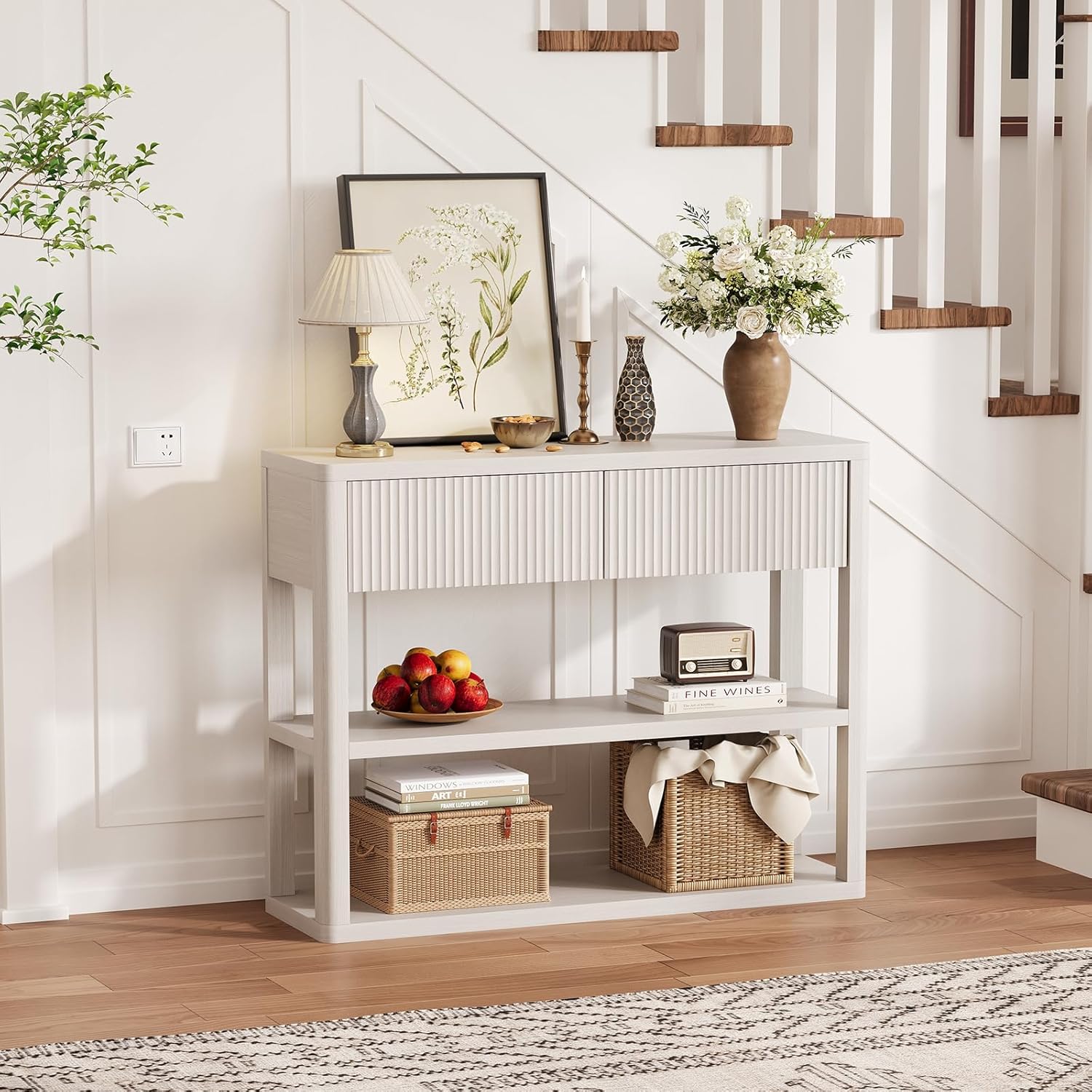 Garvee 346in Tall Console Table with 3-Tier Shelves  Fluted Entryway Table with 2 Drawers  Modern Wood Sofa Table Behind Couch  Narrow Hallway Table for Entrance  Foyer  Living Room  White Grey