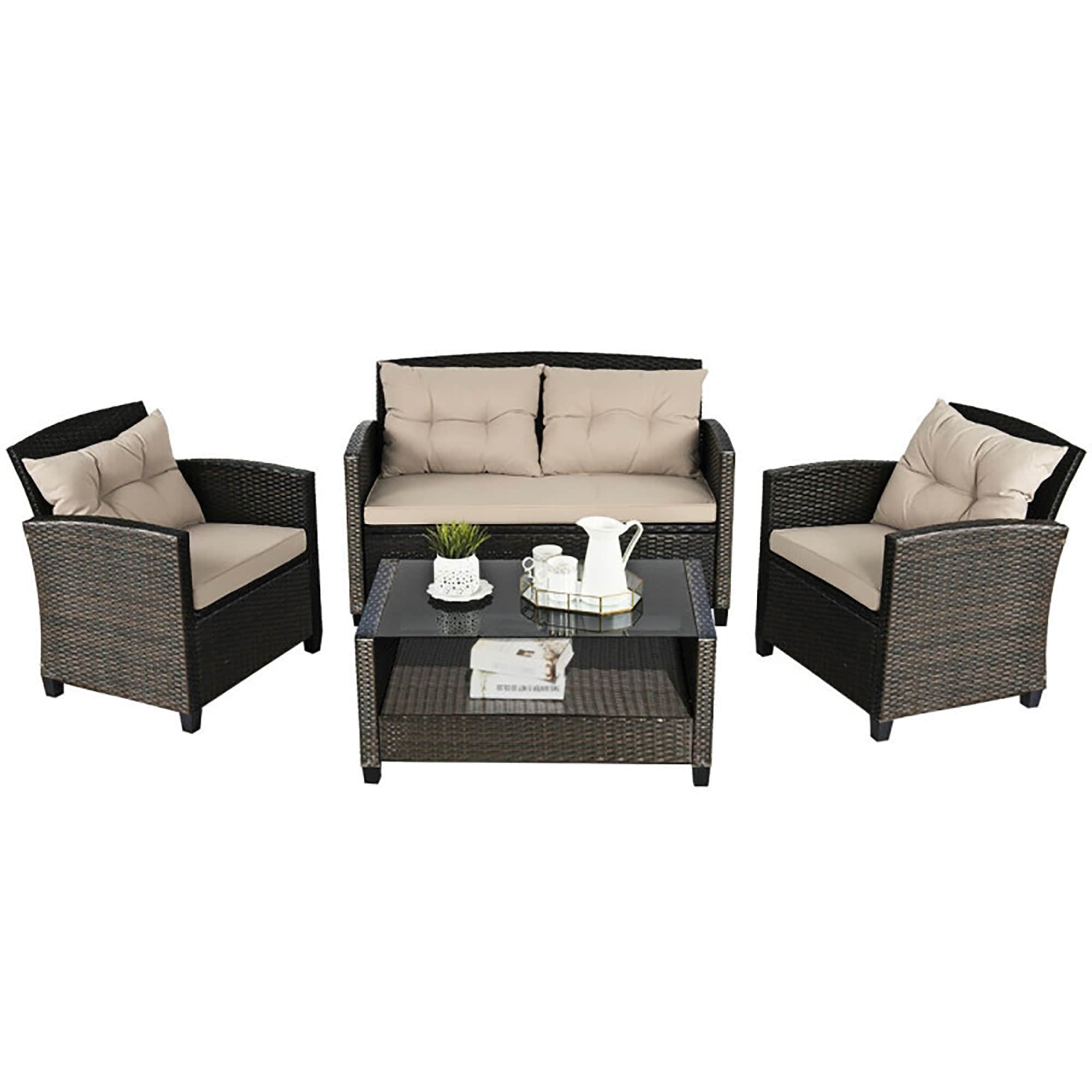 CASAINC CA-06CWE5 4 -Piece Rattan Patio Conversation Set with Tan Cushions
