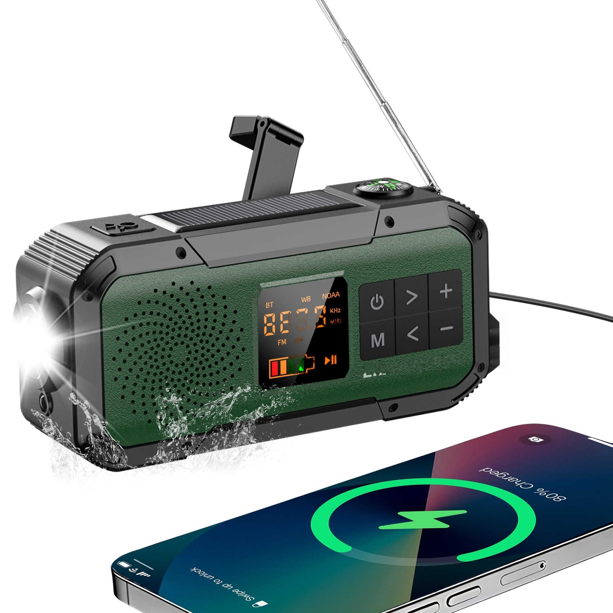JVFCXXV  Emergency Weather Radio with IPX5 Waterproof Bluetooth Speaker USB-C Solar Hand Crank NOAA Alarm AM FM Radio Flashlight SOS Alarm Phone