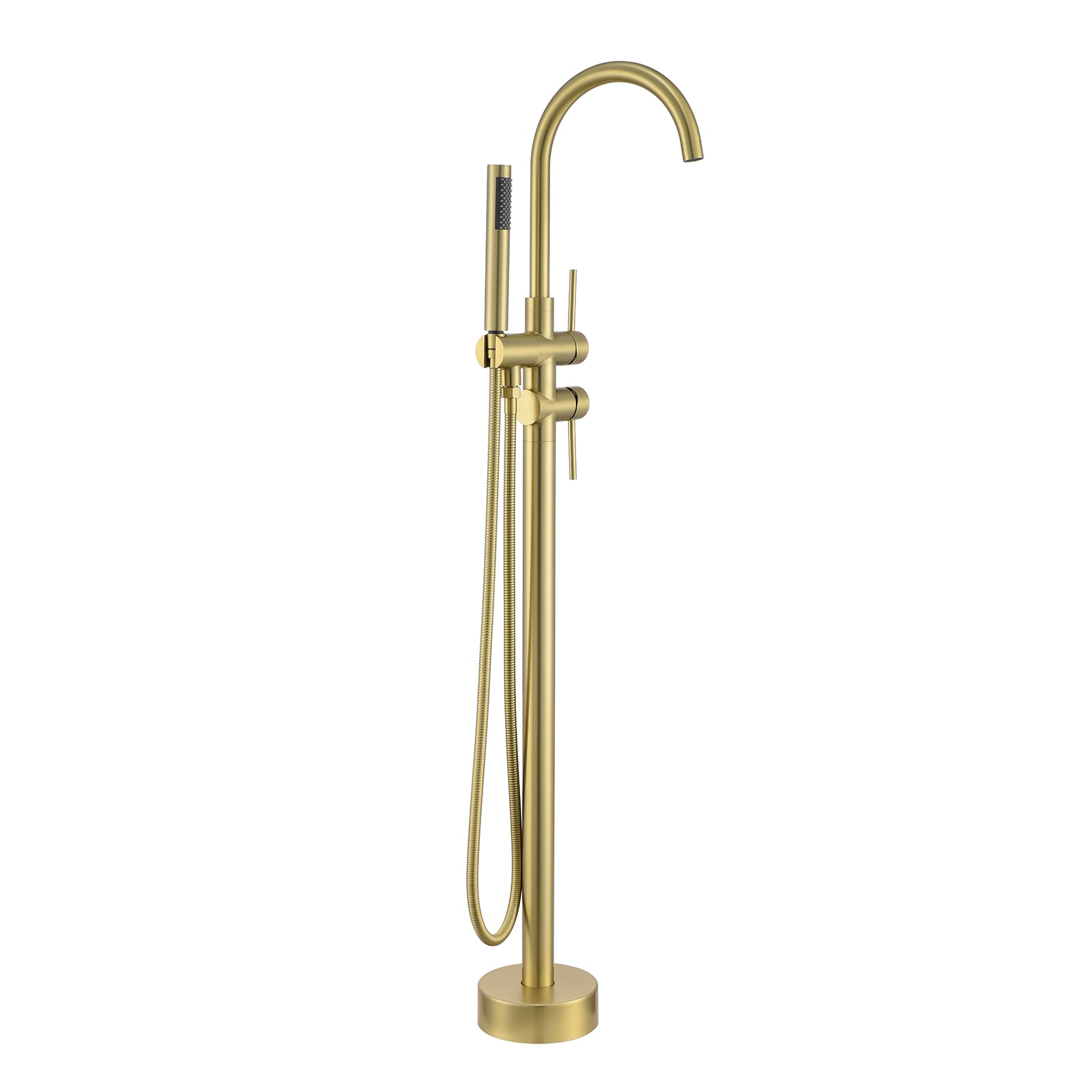 Flynama W928-H-THSP002MB Brushed Gold 2-handle Freestanding High-arc Bathtub Faucet with Hand Shower ( Valve Included )