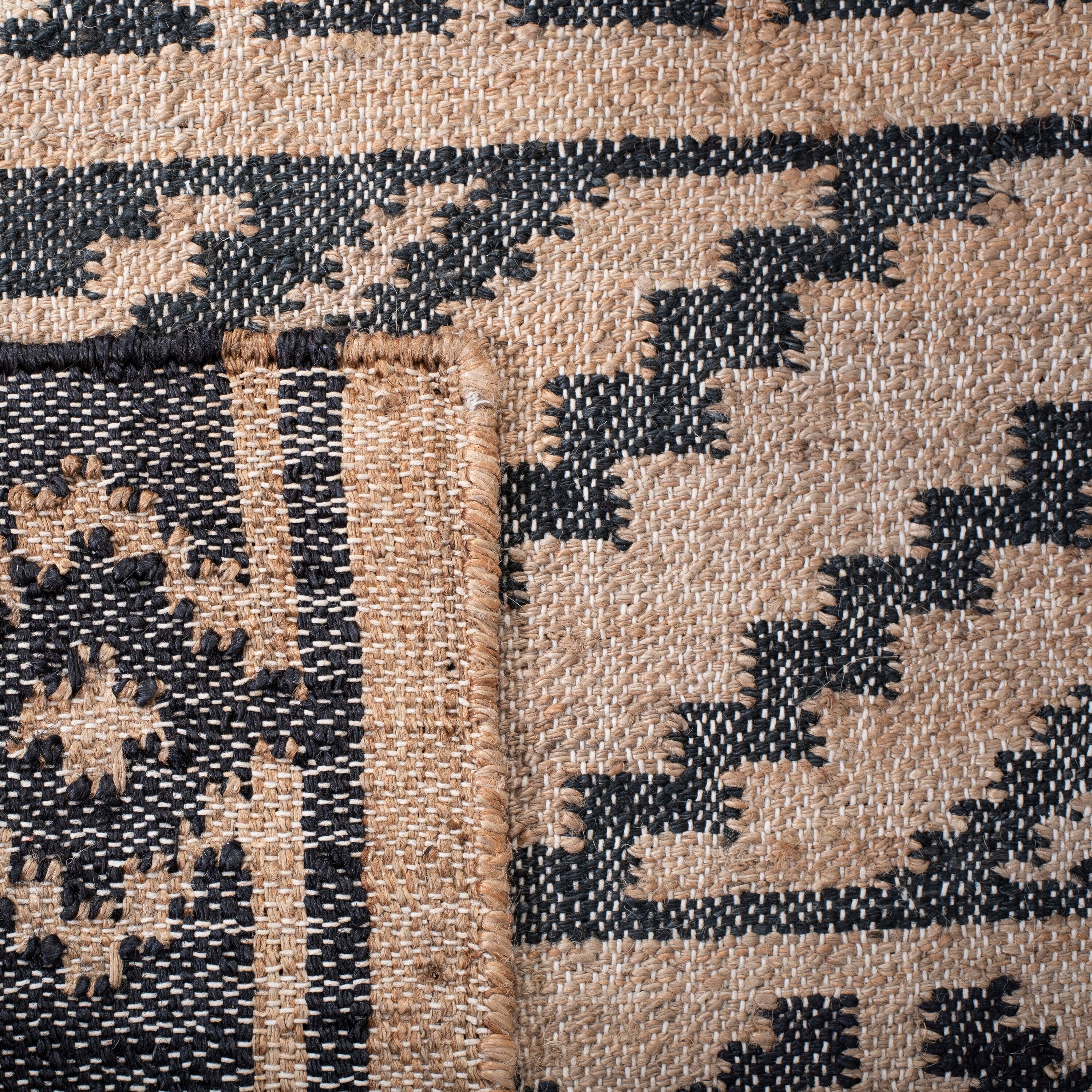 Natural and Black Geometric Wool Cotton 9' x 12' Area Rug