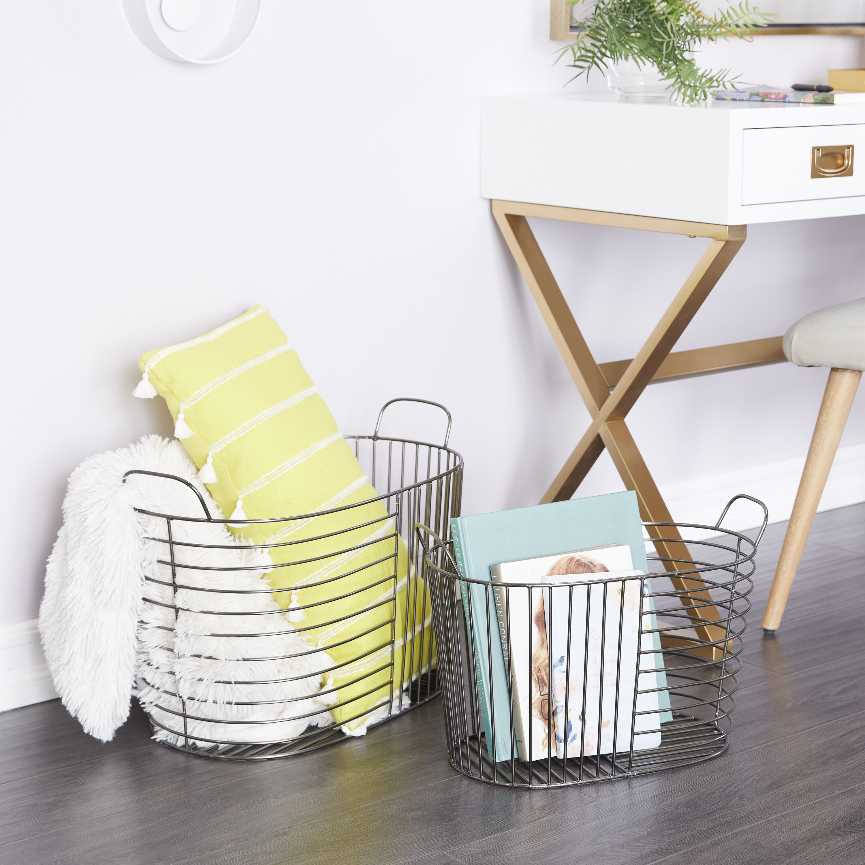 Grayson Lane 88220 2 -Pack ( 13-in W x 14-in H x 20.9-in D ) Dark Gray with Handles Iron Stackable Basket