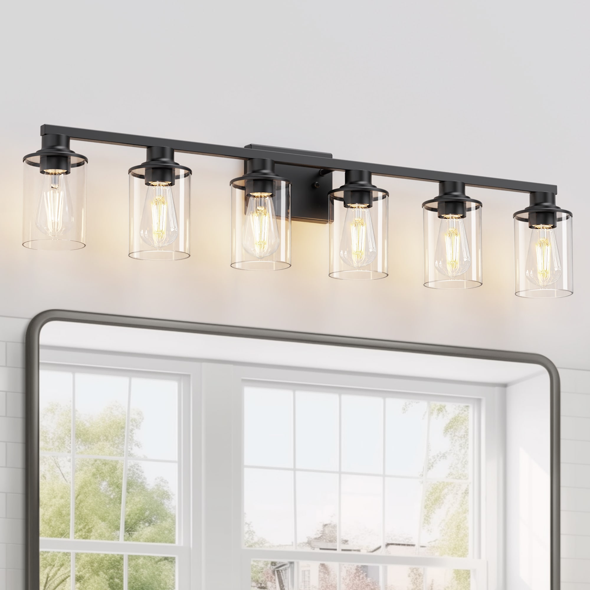 DORESshop LSC-ZY-JQ31803FBL 6 Light Matte Black Vanity Light with Clear Tube Glass Shades for Large Bathroom Mirror E26 Base