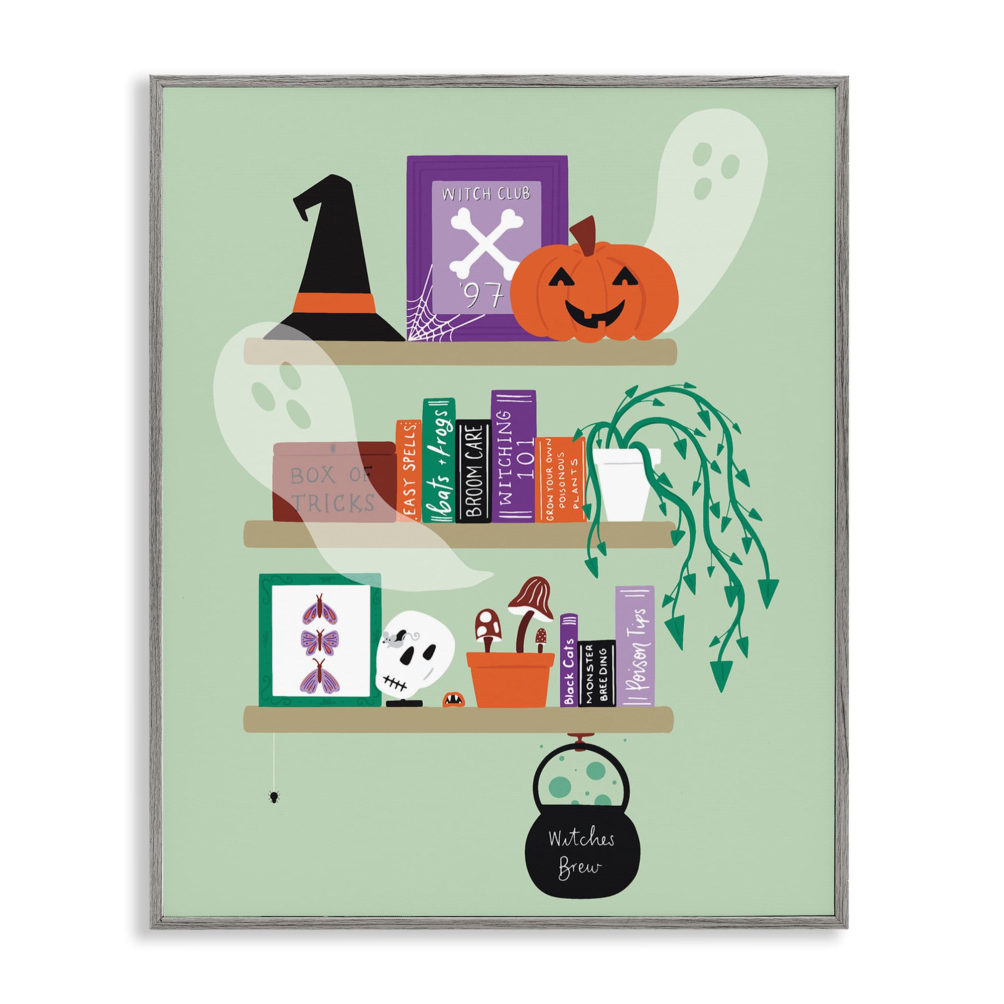 Stupell Industries BT-493-GFF-24X30 Witchy Halloween Bookshelf Gray Framed Giclee Art By Sazerelli Designs 24 x 30