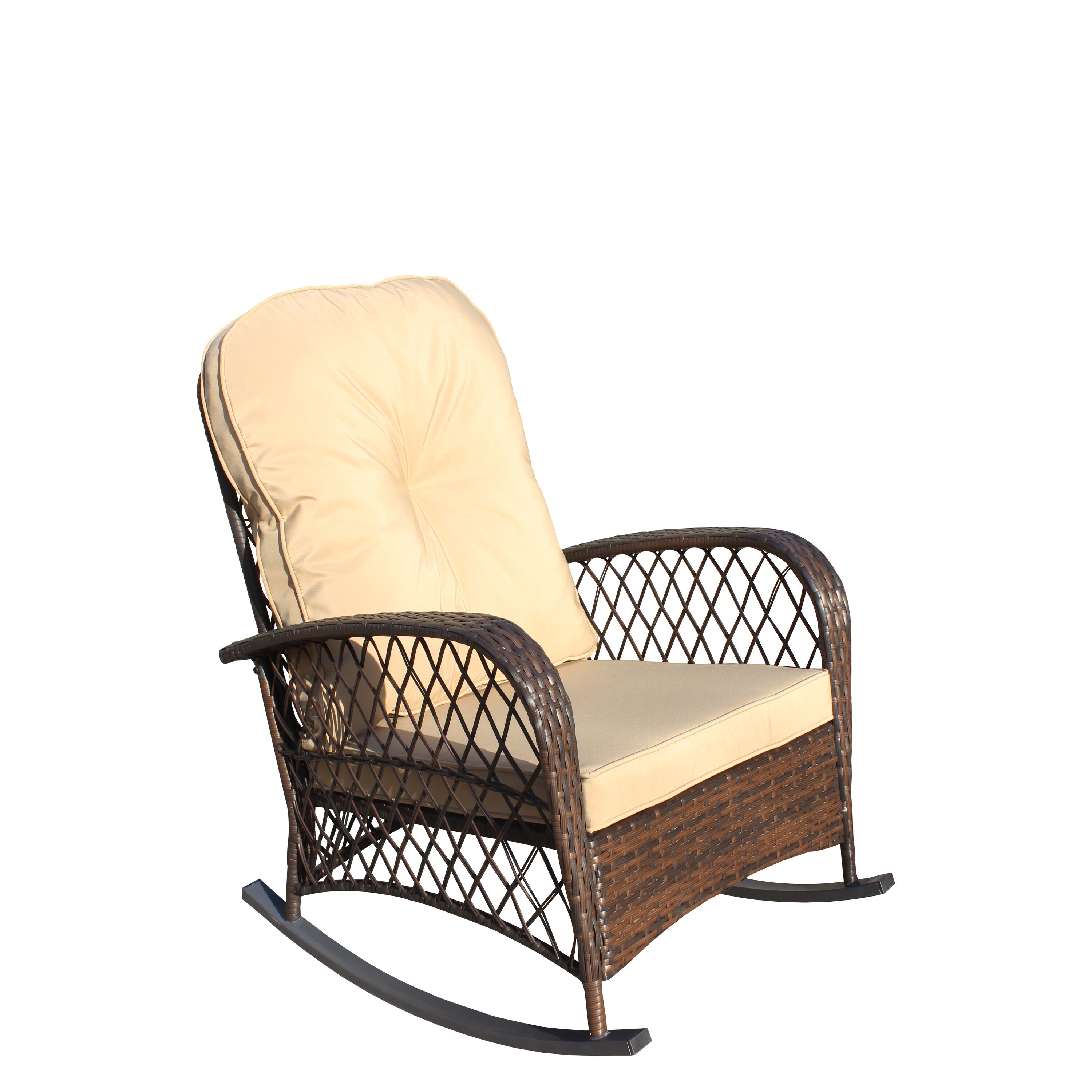 Dimakai DK-RF-65093 Rattan Brown Metal Frame Rocking Chair with Beige Cushioned Seat