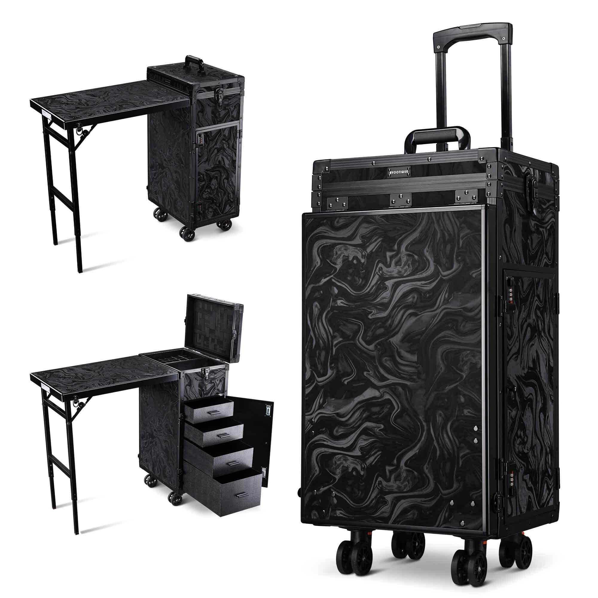 Yescom 12MKC027-MJTH-C06-LO Byootique Aluminum Rolling Makeup Train Case with Table Nail Trolley CB Shadows