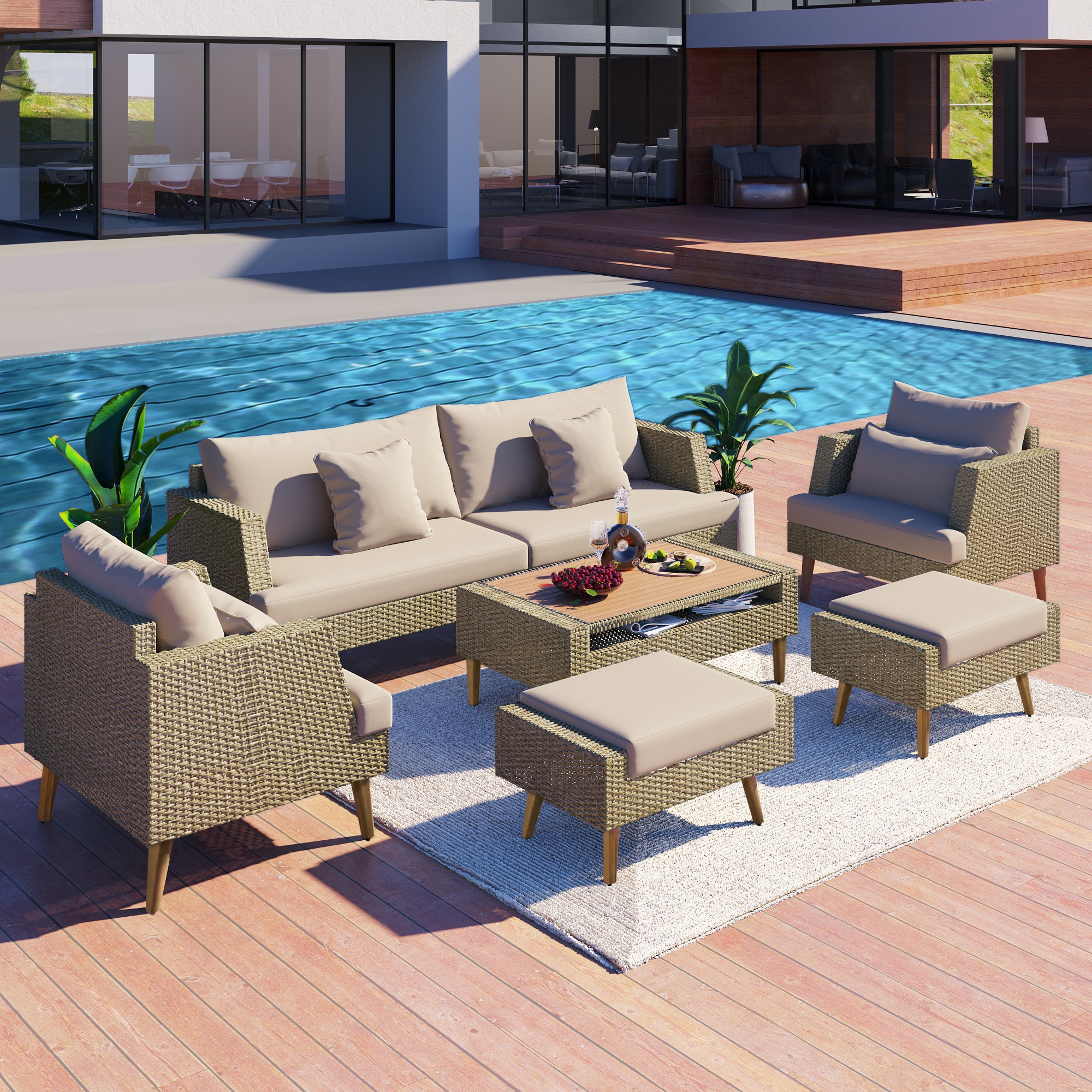 Nestfair HGP219D 6-Piece Wicker 2 Patio Sofa Conversation Set with Brown Cushions