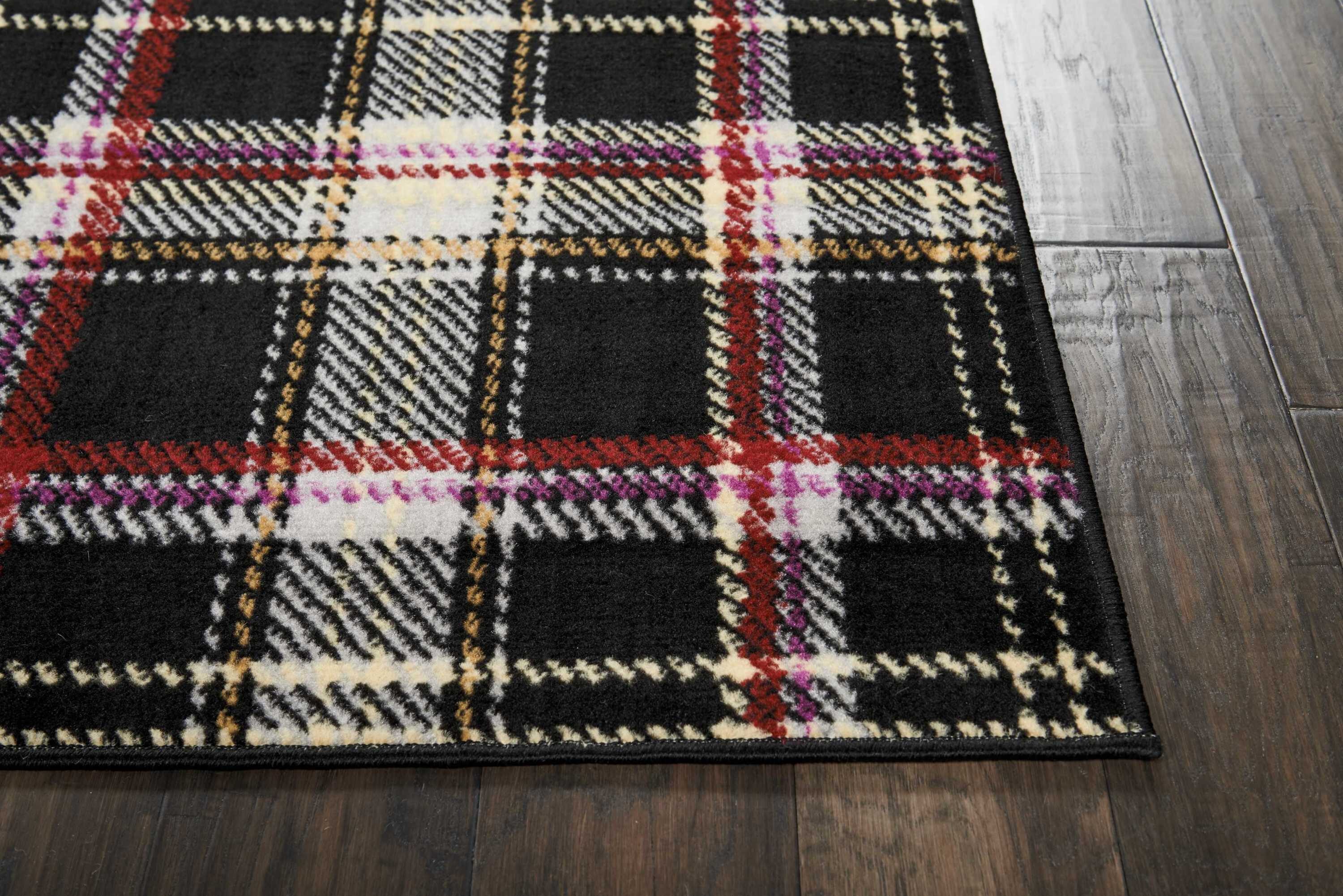 Hand-Knotted Black Plaid 8' x 10' Synthetic Area Rug