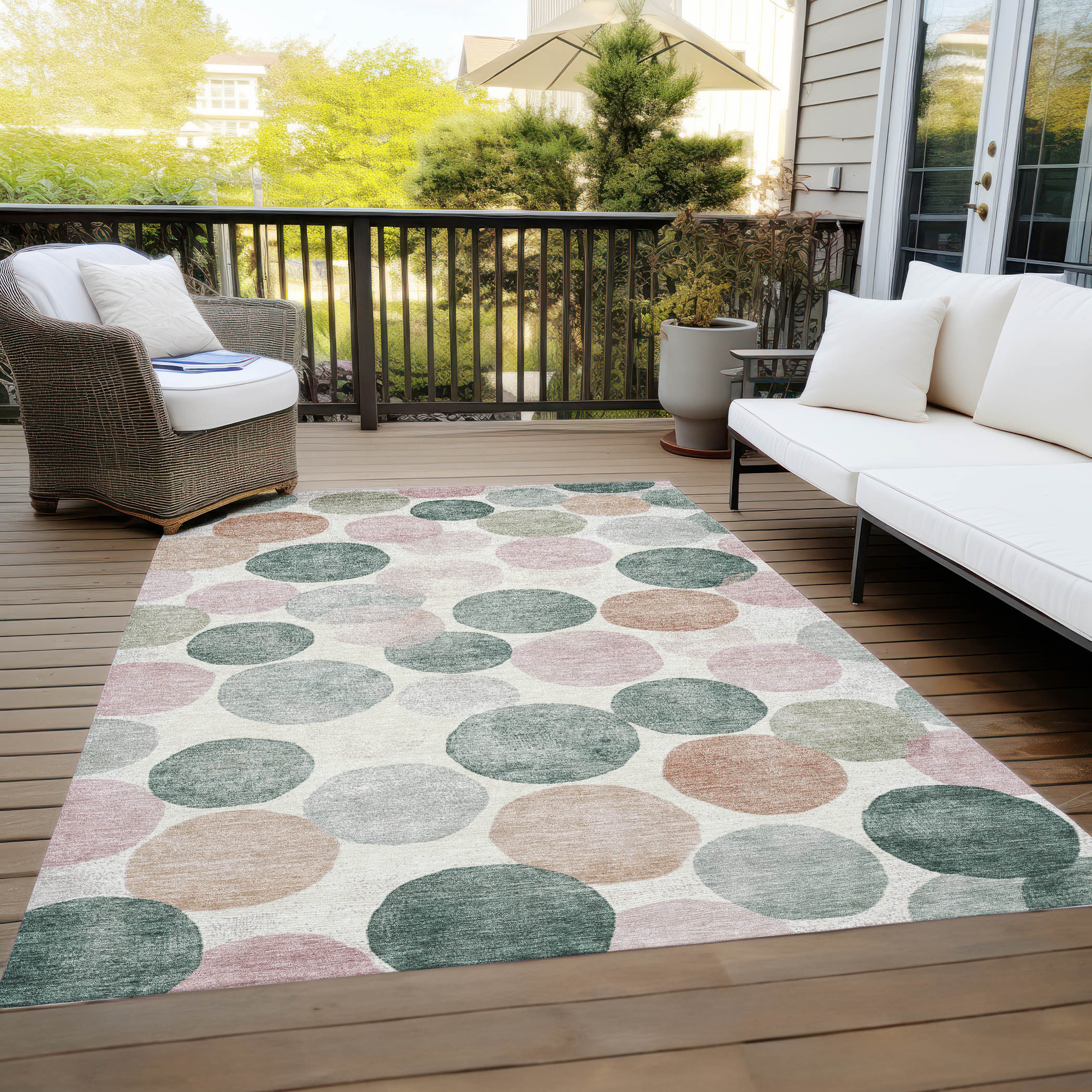 Salmon and Green Synthetic Rectangular Washable Area Rug