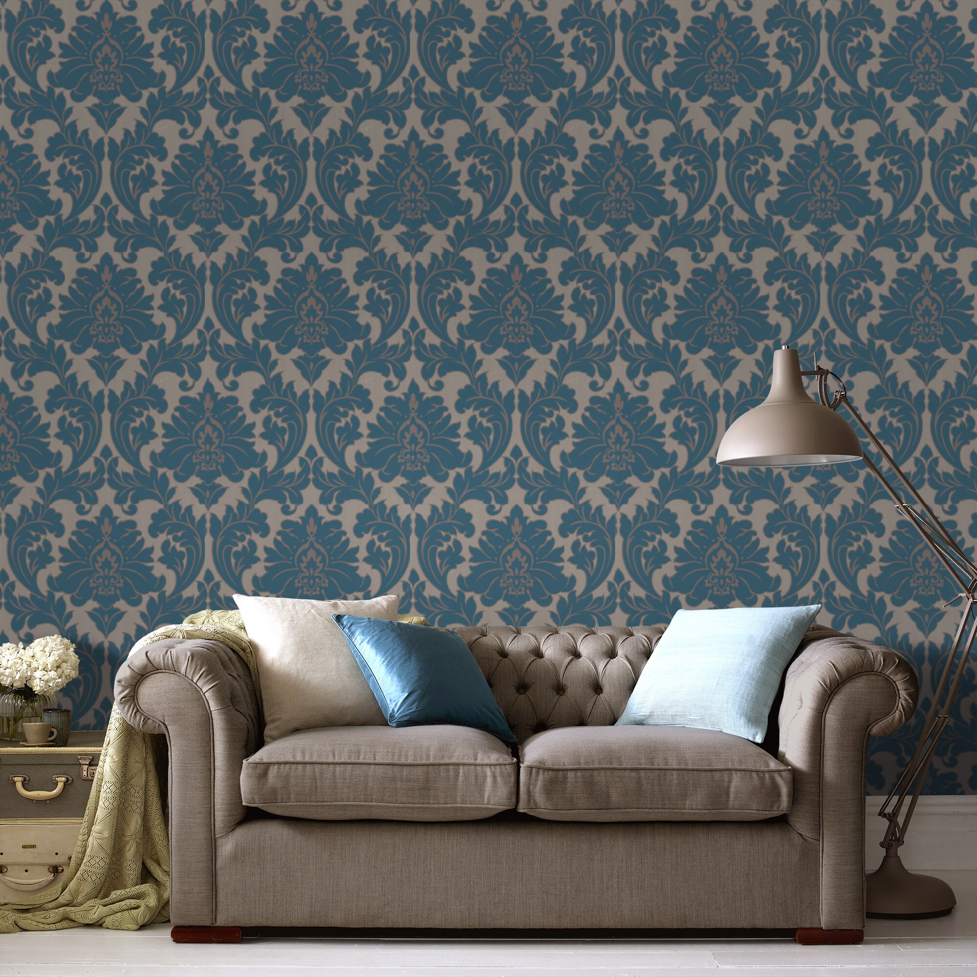 Graham & Brown Majestic 56-sq ft Blue Vinyl Textured Damask Wallpaper ...