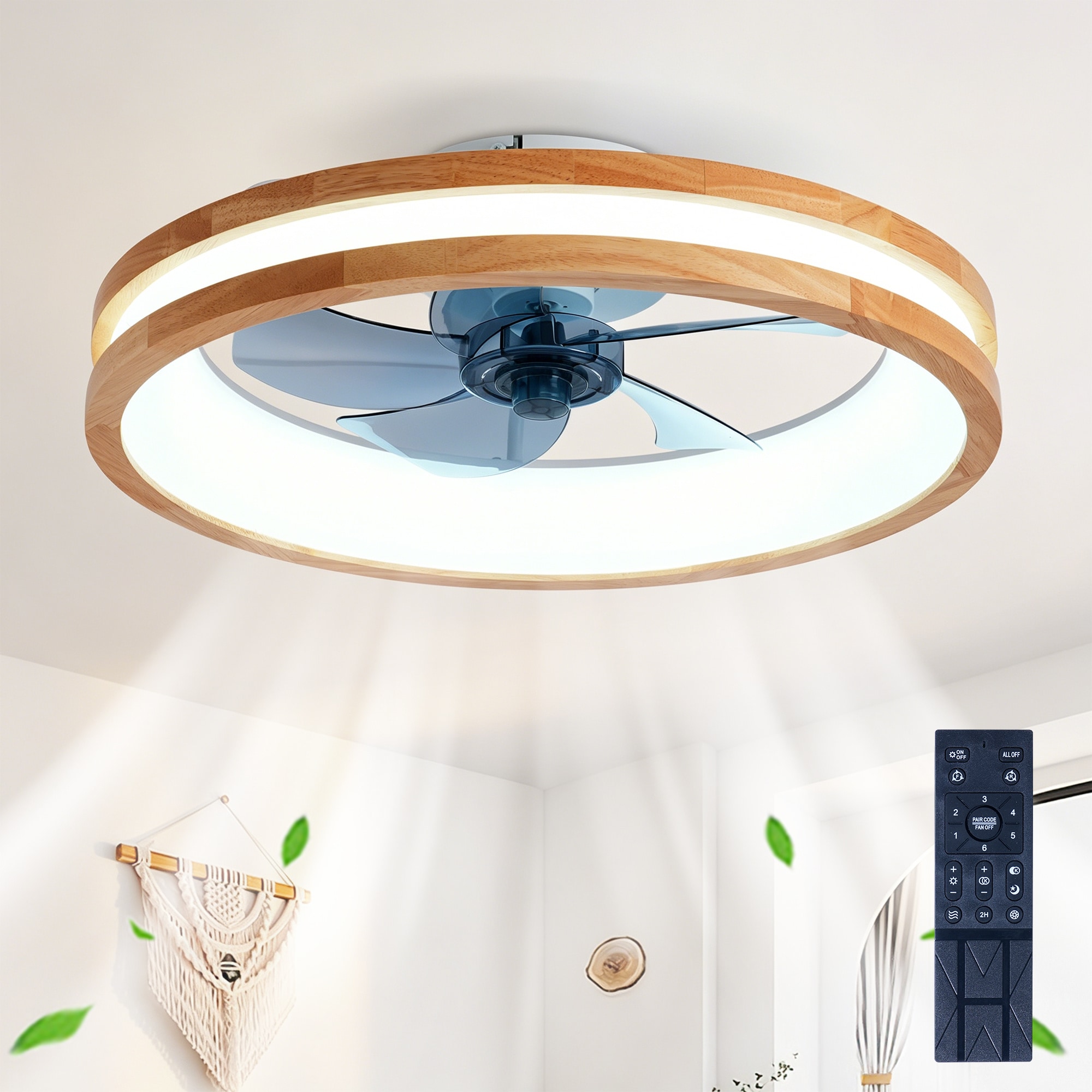 BABOOM Reversible Ceiling Fan 19.7-in Natural+White LED Flush Mount Fandelier Ceiling Fan With Light and Remote Control Included