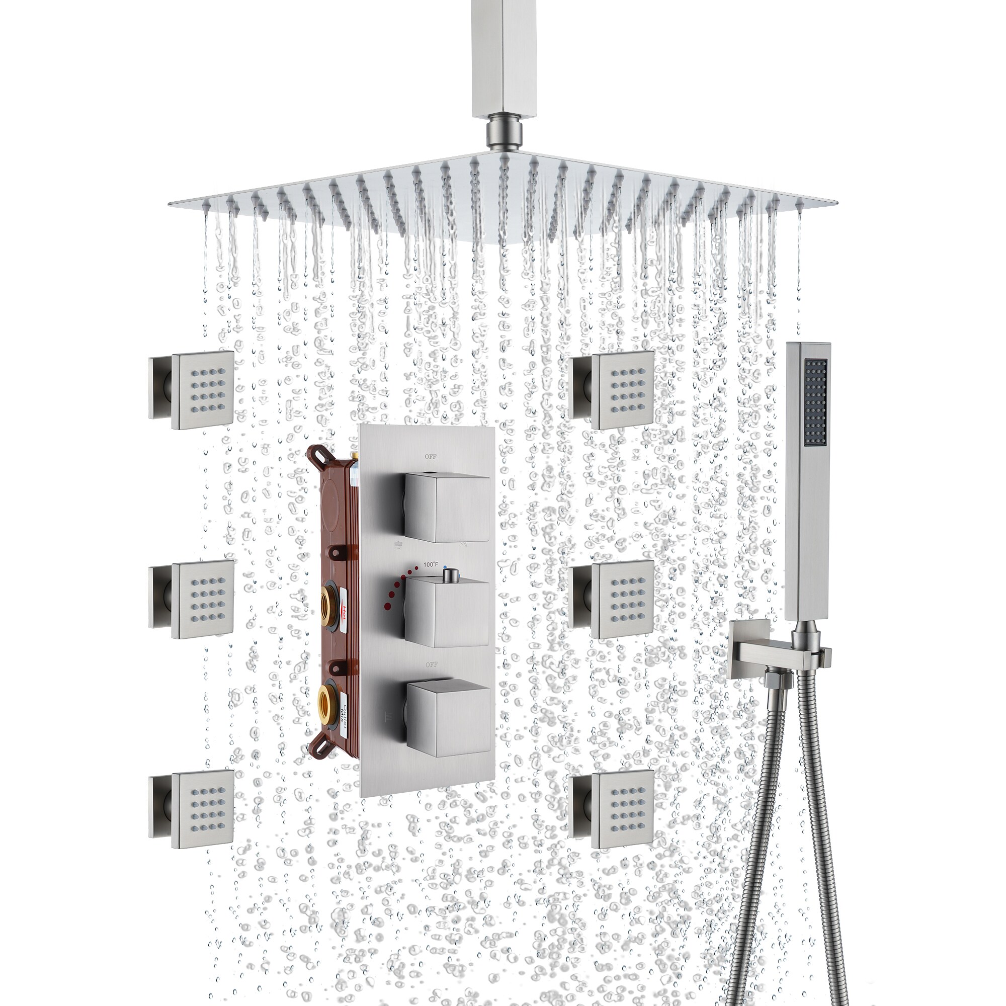 Brushed Nickel Ceiling Mounted Dual Shower System with Body Jets