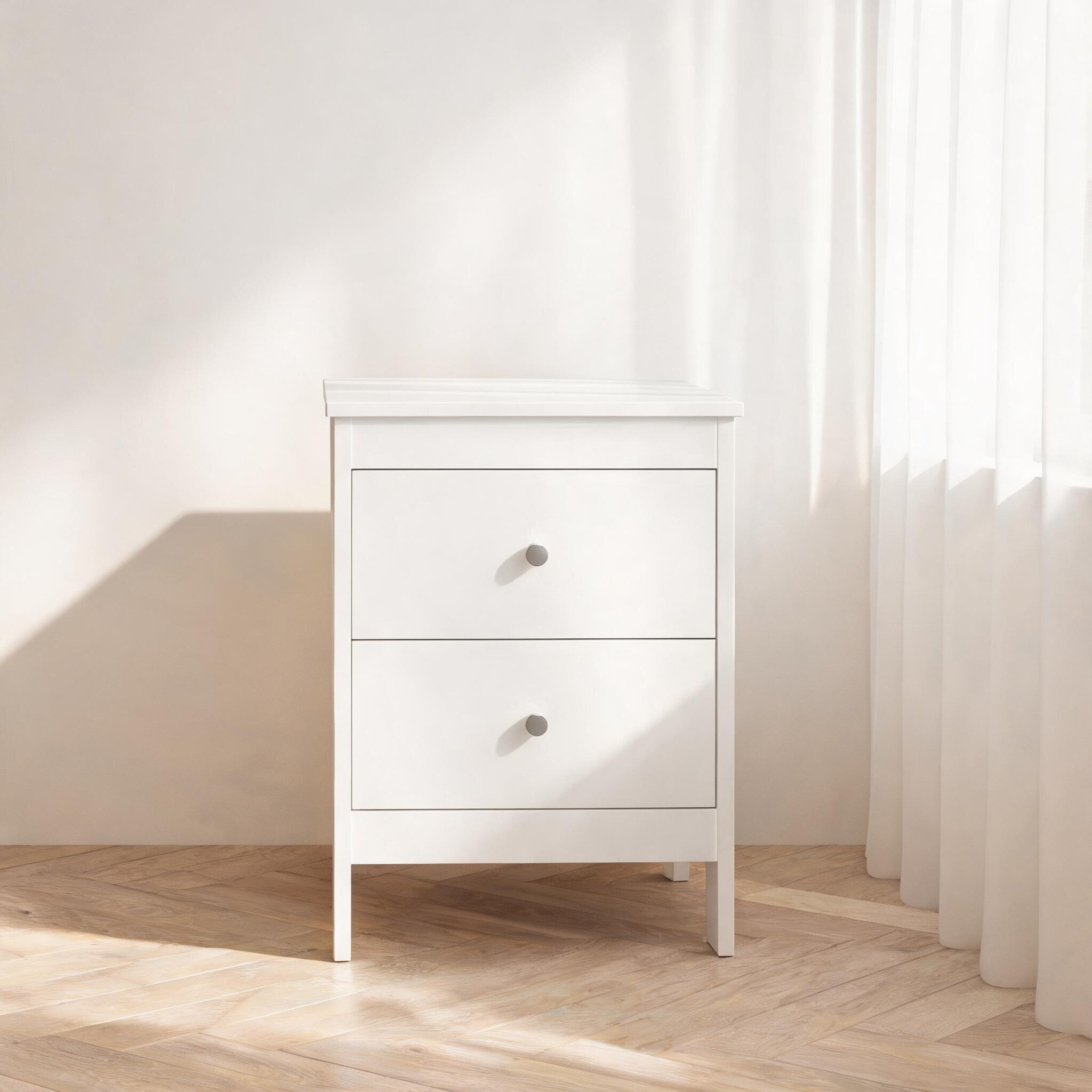 Modern Rectangular Nightstand with Two Drawers and Open Shelf in Soft White MDF